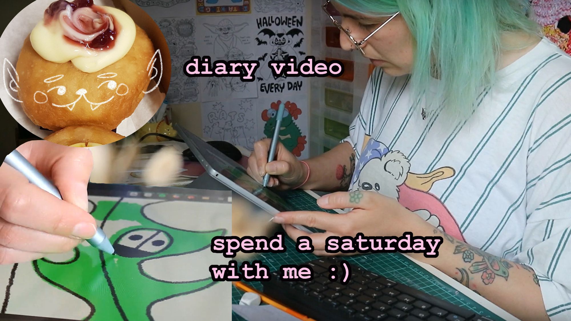 a youtube thumbnail that says "diary video" and "spend a saturday with me" there's a creamy doughnut at the top left, a close up of a hand drawing a green dandelion leaf on a tablet and a person with green hair viewed from the side working at a desk.