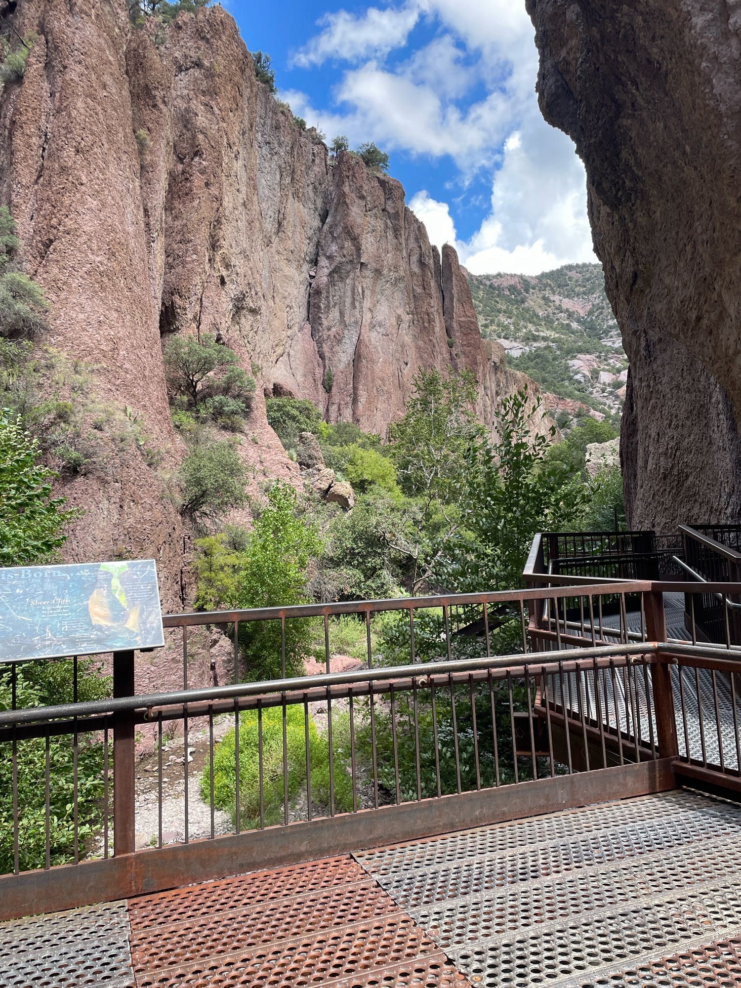 A metal railing and walkway at tree level in a canyon of pinkish gray volcanic rock