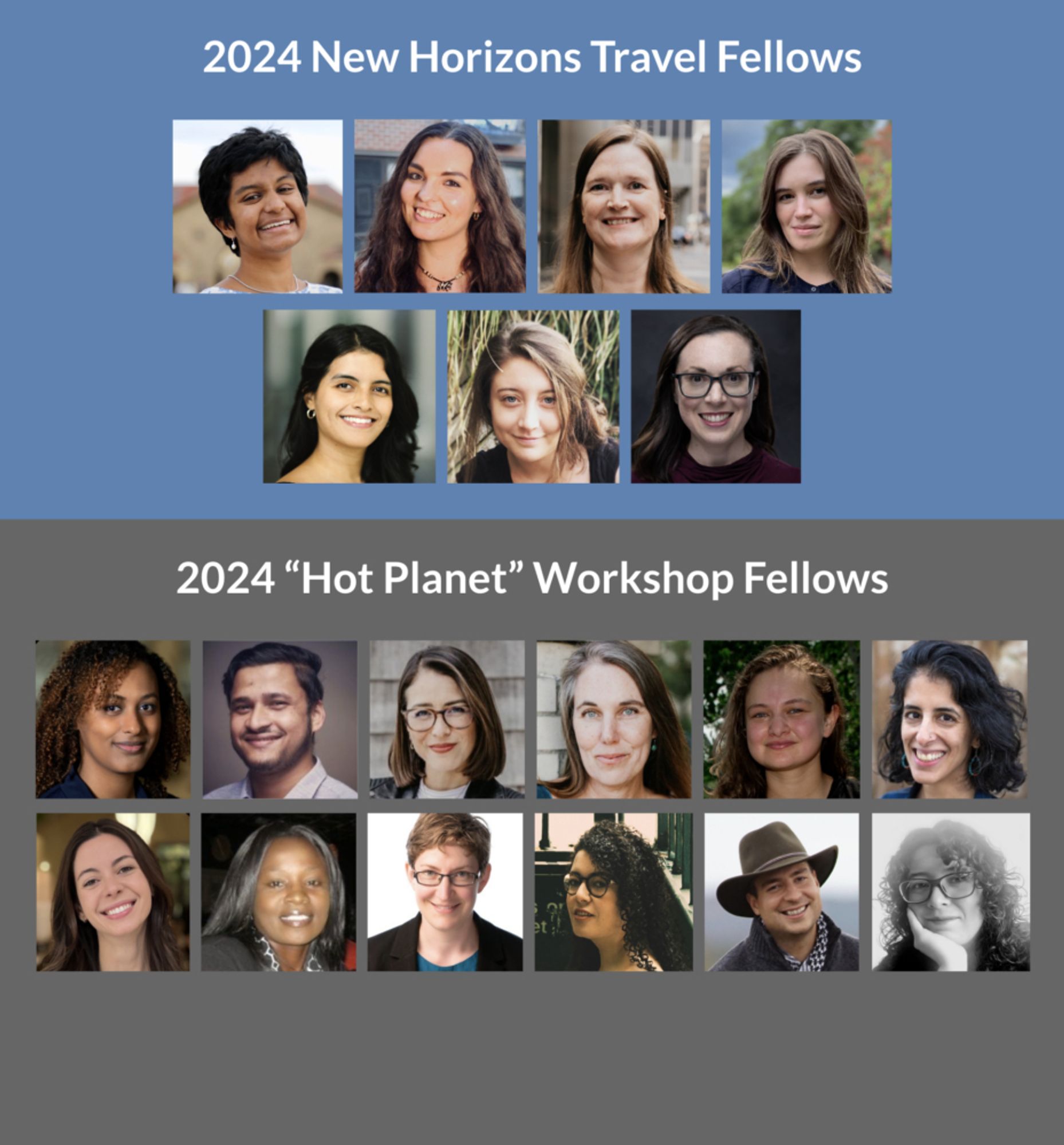 A vertical rectangular graphic with blue on top and gray on bottom. The graphic has seven headshots of 2024 New Horizons Travel fellows on top and 12 2024 "Hot Planet" Workshop Fellows on bottom.