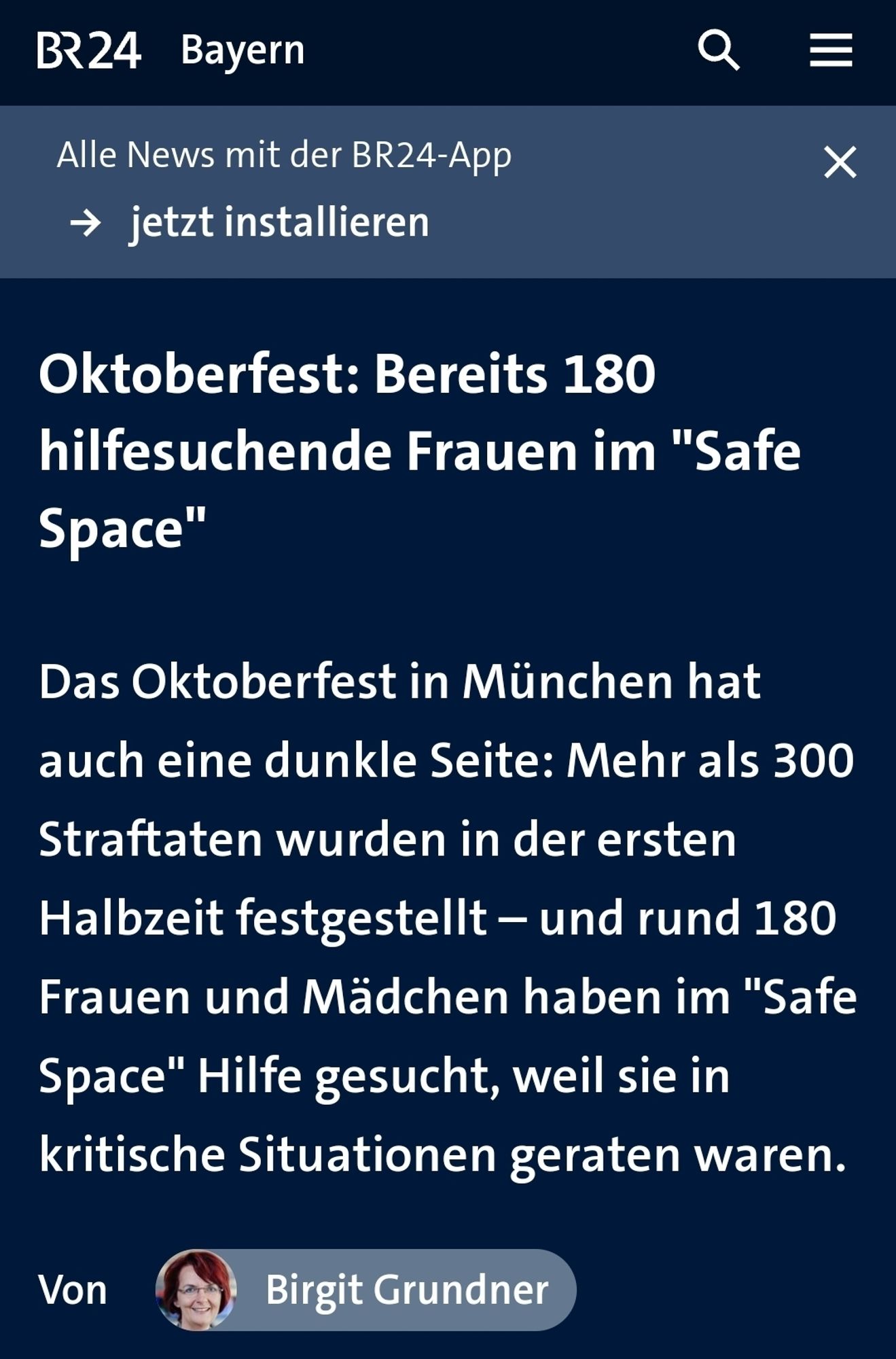 Meldung von BR24: "Oktoberfest: Bereits 180 hilfesuchende Frauen im "Safe Space""