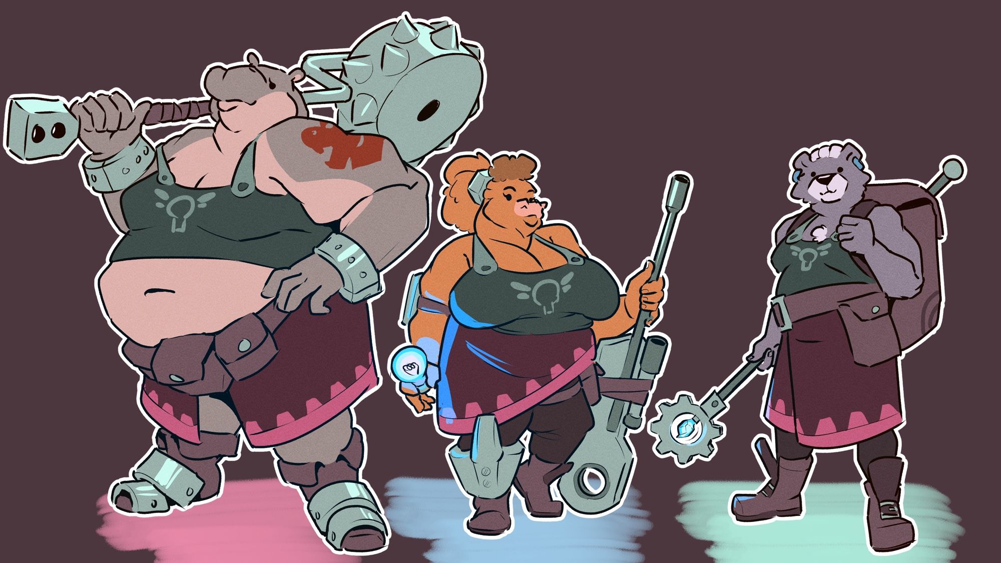 A flat colored illustration of three of my OCs: Janice the hippo, Janelle the cow, and Dusty the bear, dressed in somewhat "JRPG" style attire. They have matching dark green tank tops and dark magenta skirt sort of things. Janice has a giant wheel-mace, like a big metal spiked wheel on a shaft wrapped with a leather grip, along with big metal bracelets, armor plates on her boots, and a triple fanny-pack under her belly. Janelle is carrying some sort of cobbled together sniper rifle, and a glowing blue lightbulb. She also has a big metal nut in her hair as a hairtie, an elbow armor plate, and a metal grieve on her right leg. Dusty has a staff with a head shaped like a cog, with a glowing blue crystal in the center. He's also carrying a huge leather backpack, and is otherwise wearing plain boots, a big belt, and a leather side pouch.