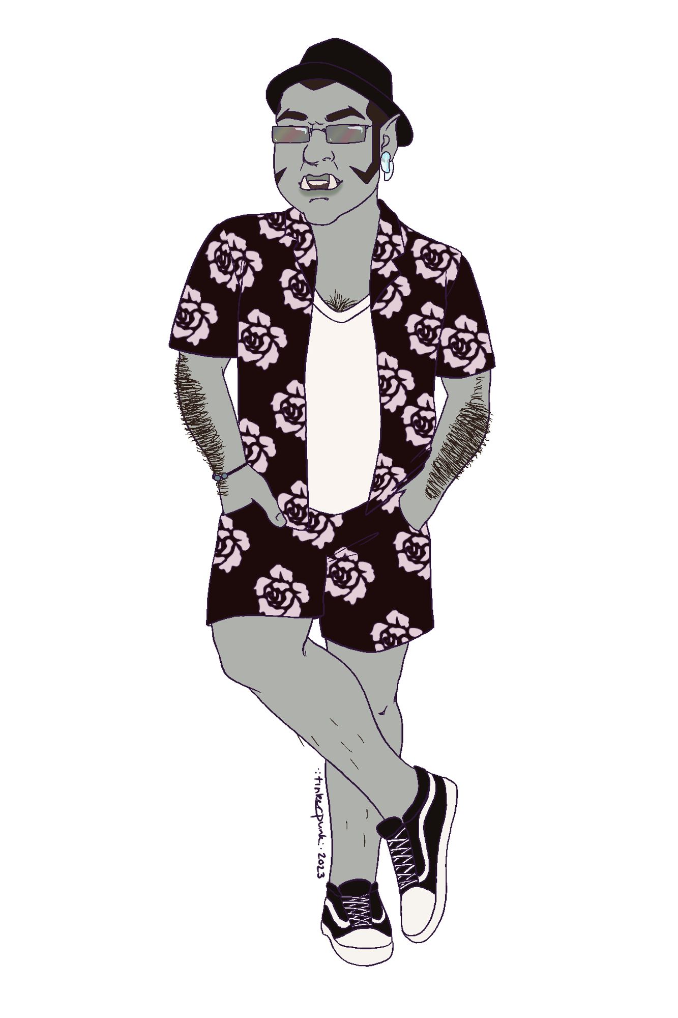 illustration of an orc man wearing a matching floral print shirt and shorts set, a porkpie hat, sunglasses, and sneakers. he has the bridge of his nose pierced, and large glass spirals in his earlobes. he’s standing with his right leg crossed over his left, and hands in his pockets.