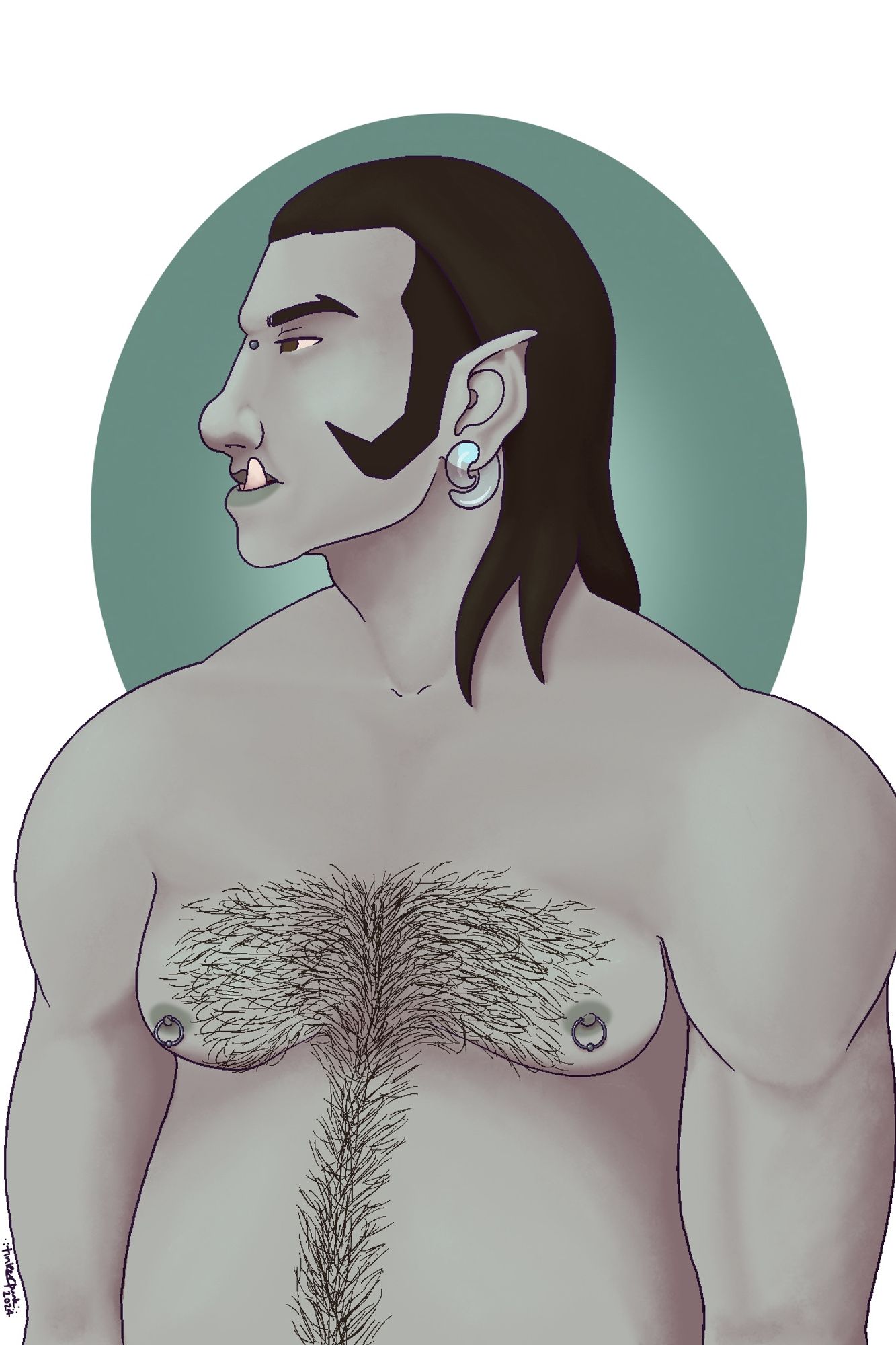 illustration of an orc man with his face in profile with a green disk behind his head. he has brown hair that reaches his shoulders, and a fair amount of hair on his chest and belly. he has the bridge of his nose pierced, large glass spirals in his earlobes, and silver rings in his nipples.