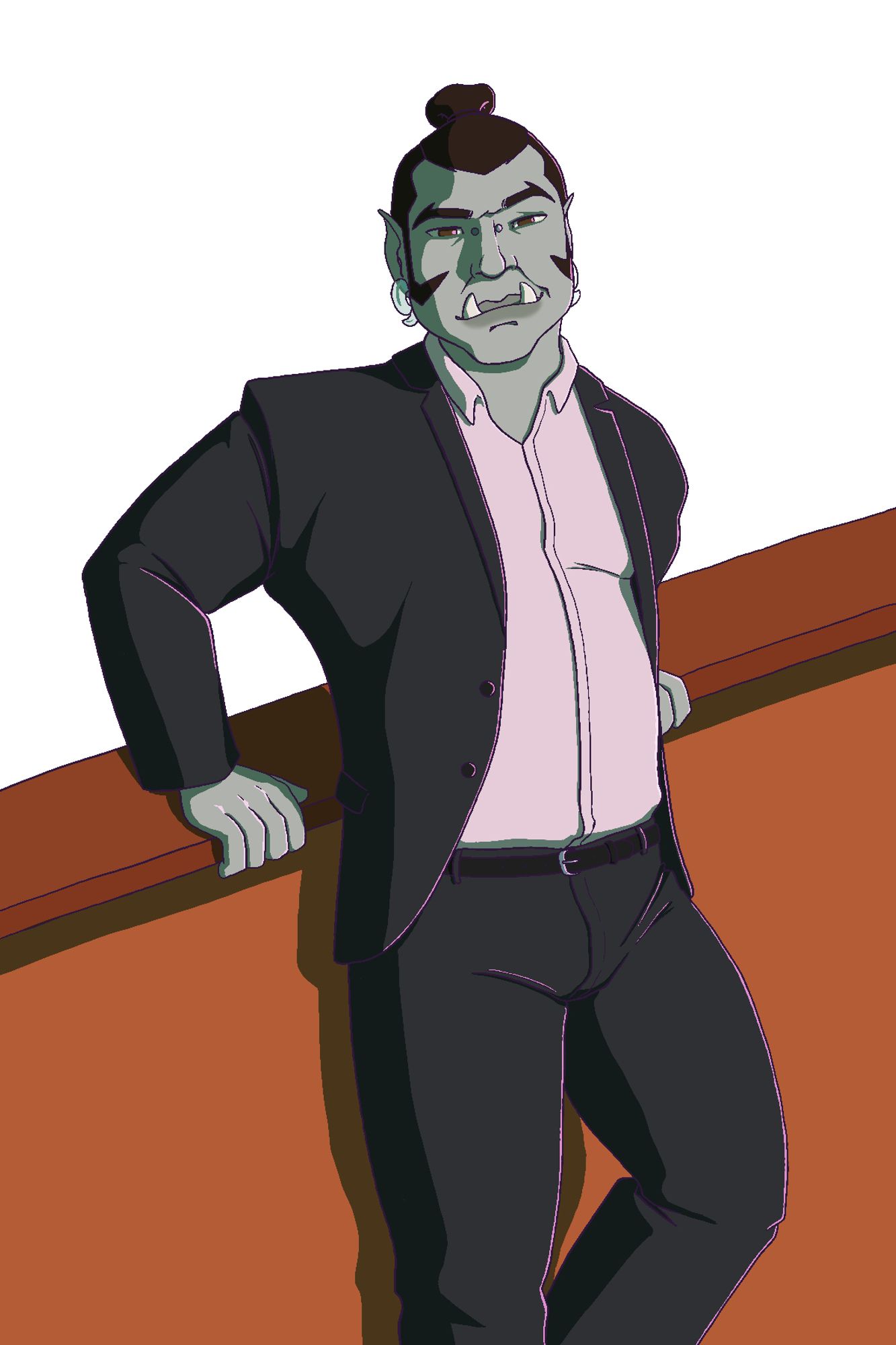 illustration of an orc man wearing a suit. he has brown hair in a topknot, brown eyes, and protruding tusks. he has the bridge of his nose pierced, and large glass spirals in his earlobes. his suit is dark grey with a light pink button down shirt that has the collar unbuttoned.