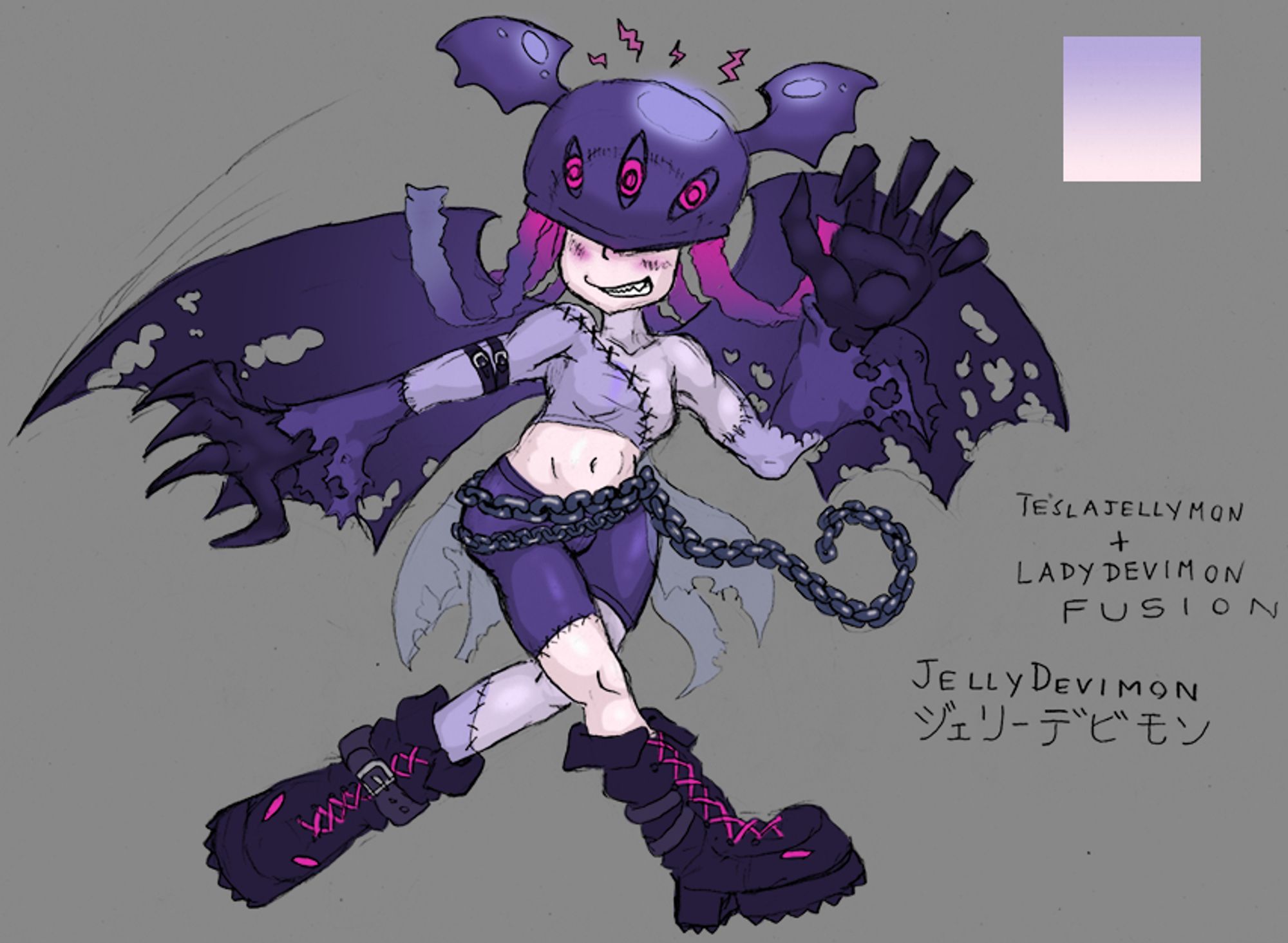 Digimon fusion! Teslajellymon + LadyDevimon make one cute impish evil demon girl