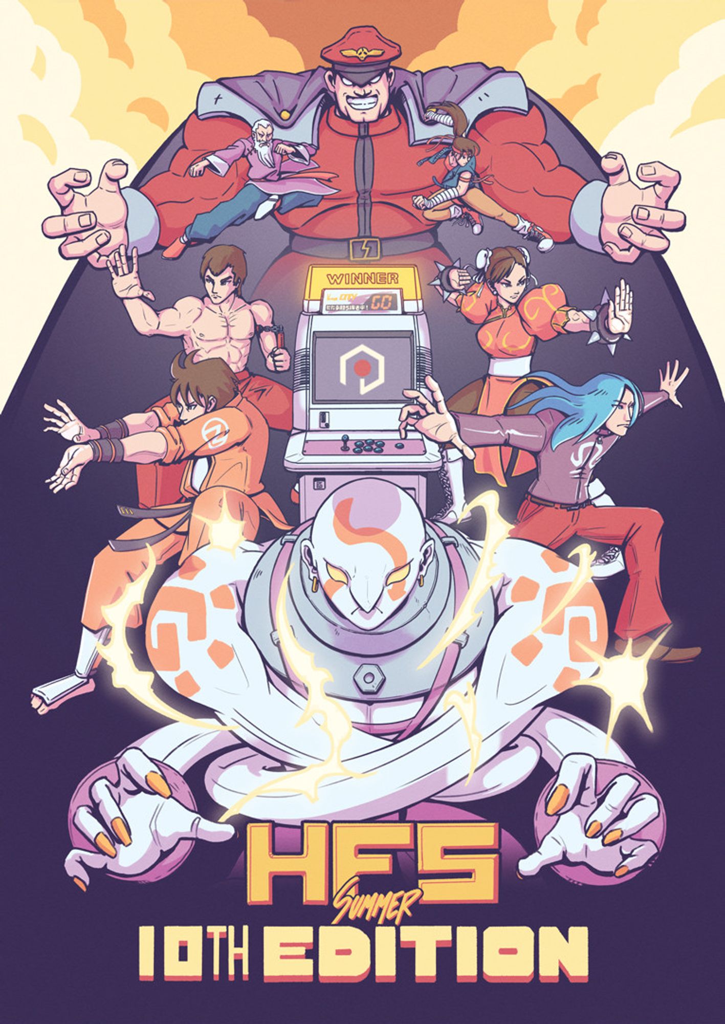 Poster I did for the french festival of retro fighting games HFS.
You can see Necro and Remi from Thrid Strike <3 Sho and Tia from Breaker's Revenge, Chun-li and Feilong from SF2X and Gen and M.Bsion/Vega from SFZero3