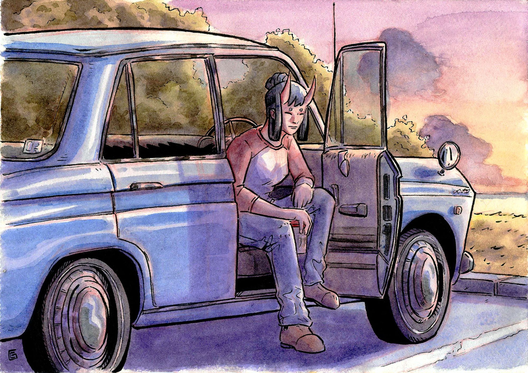 Watercolor of one of my OC, taking a break inside her car during sunset