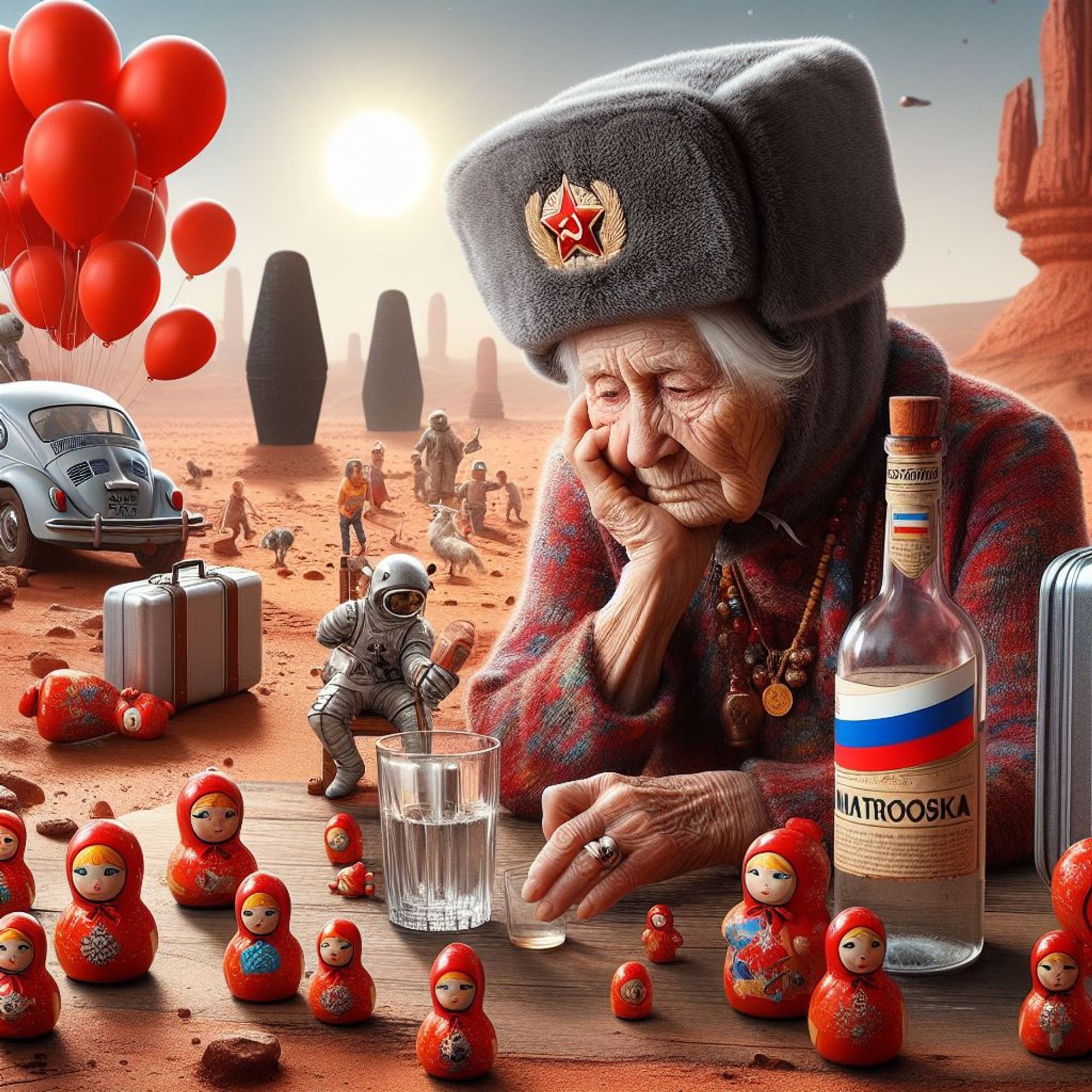 Mother Russia, looking unhappy, selling matroshkas