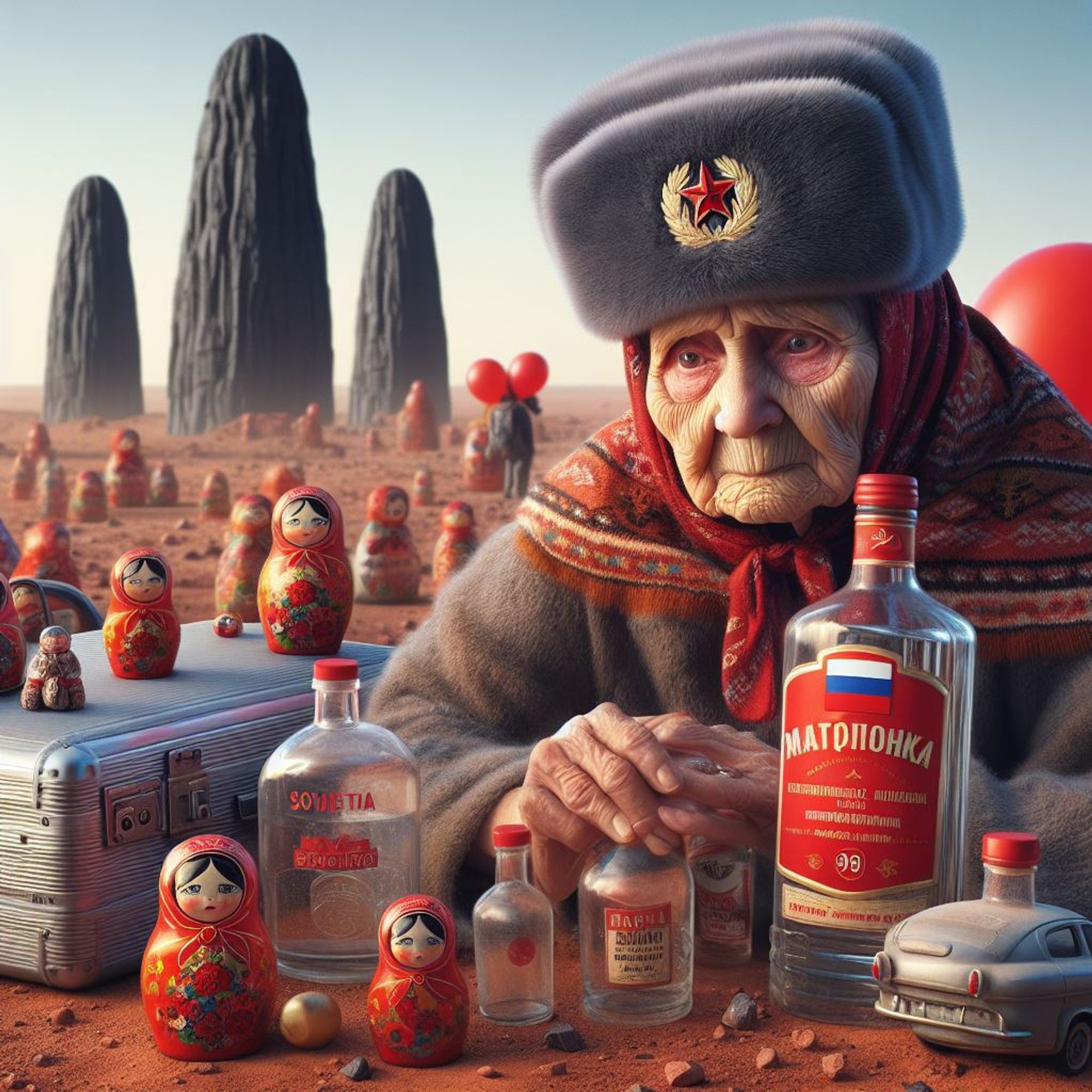 Mother Russia, looking unhappy, selling matroshkas