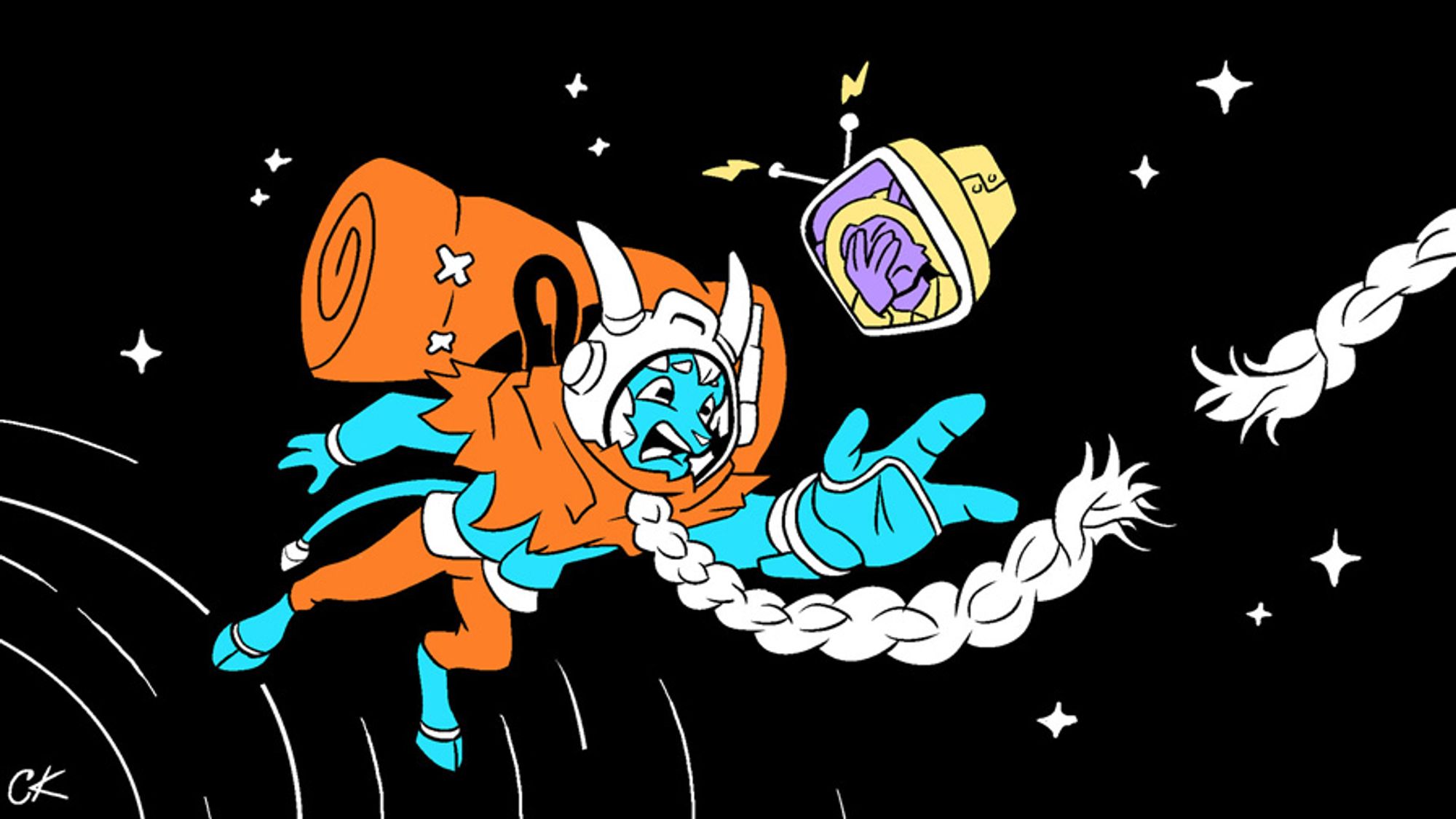 Cobalt's goat-lion fursona floats adrift in space. The "umbilical cord" that is attached to the neck of his spacesuit is actually his trademark long, braided goatee and it has frayed and broken off from the secure end. Cobalt, in panic, reaches toward the other half of the braid in a futile attempt to grab it. On a CRT monitor floating beside Cobalt, his friend Esaro is shown watching from mission control. Esaro is facepalming.