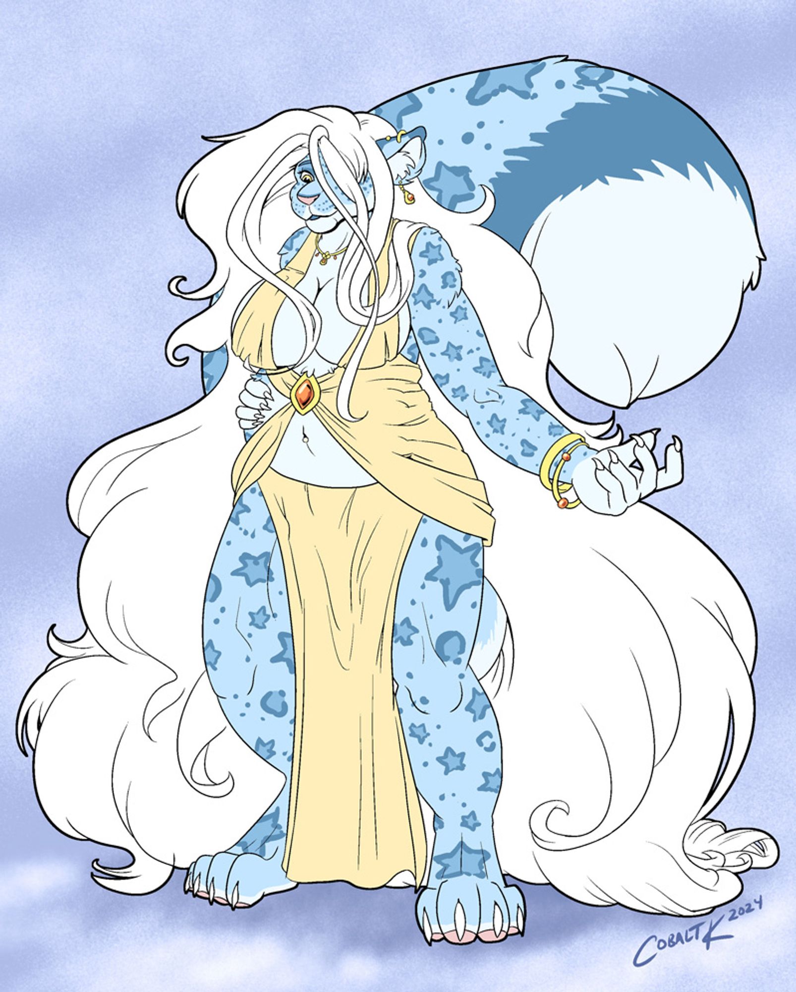 A drawing of a thickly furred blue anthro female snowleopard with distinctive star-shaped rosettes in the place of a traditional leopard's circular ones. She wears a loose-fitting satin dress that is split below the waist to reveal both legs from the thighs down. Her massive mane of white hair falls in curls all the way to the floor.