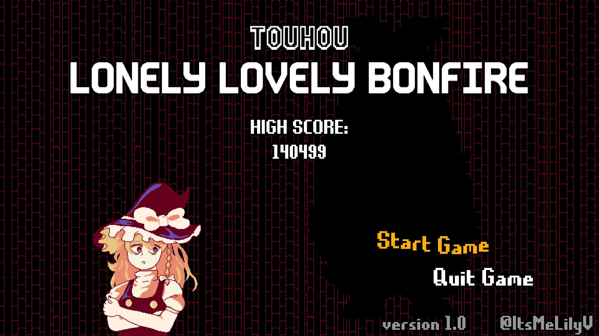 title screen  of TOUHOU LONELY LOVELY BONFIRE, showing Marisa Kirisame standing scared and lost in a bamboo forest, with a shadow of Mokou in the background