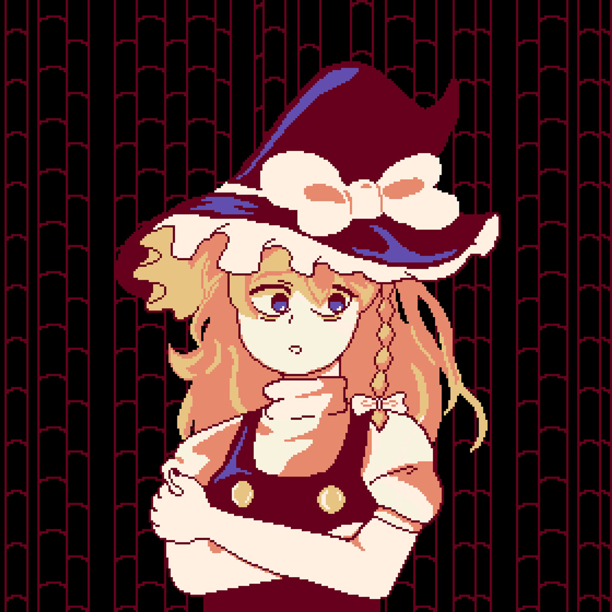 pixel art of Marisa from Touhou. She's wearing a giant witch hat and has long, fluffy blonde hair. She's clutching herself and looking around nervously as she wanders a dark bamboo forest.