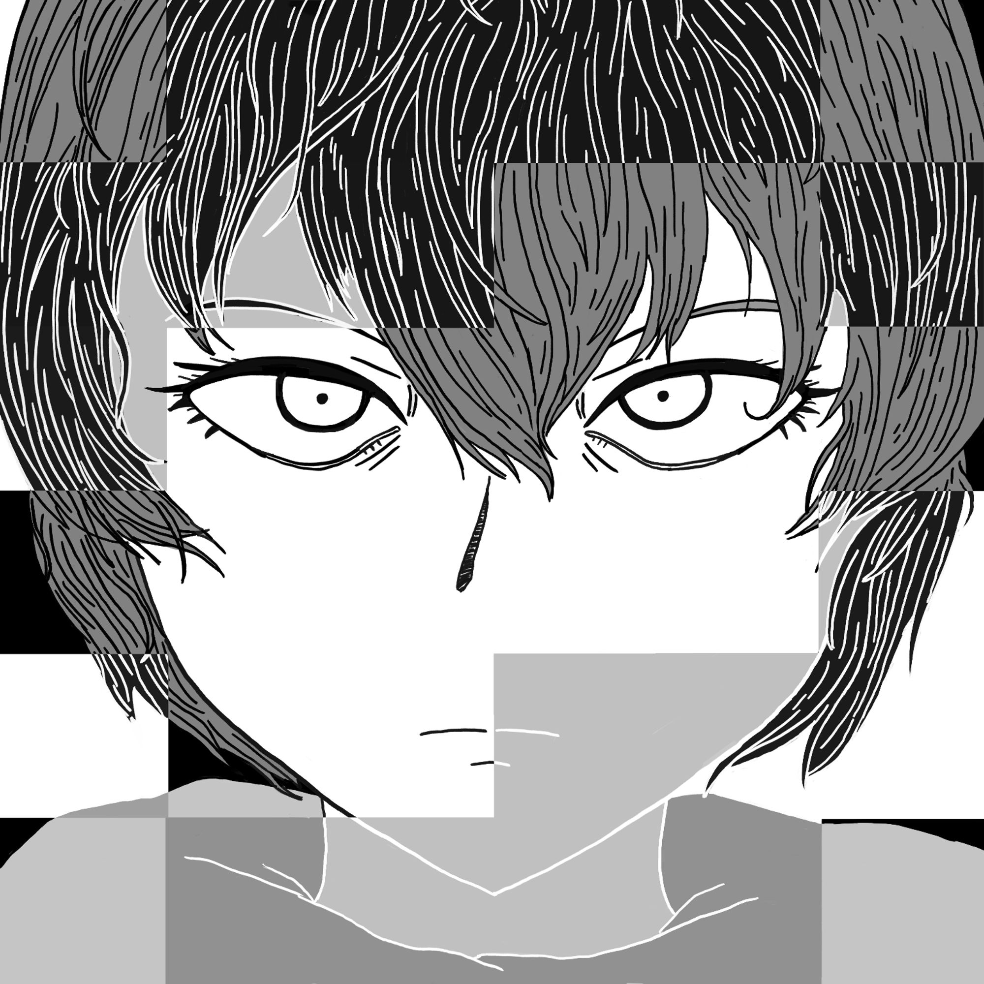 illustration of lady gray, from void stranger. Monochrome, four colors. A closeup of a woman's face, with short dark hair and a scarf. There is an inverted color pattern in the shape of a grid over her face.