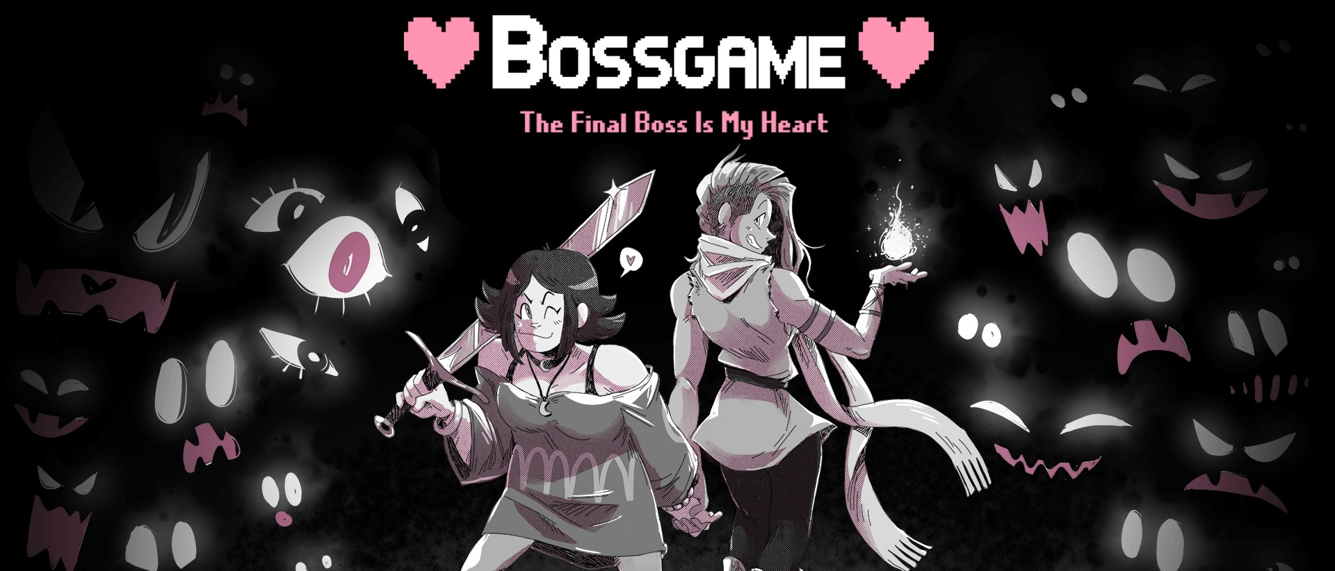 Promo image for BOSSGAME: The Final Boss Is My Heart, showing Sophie and Anna holding hands and ready to fight some devils