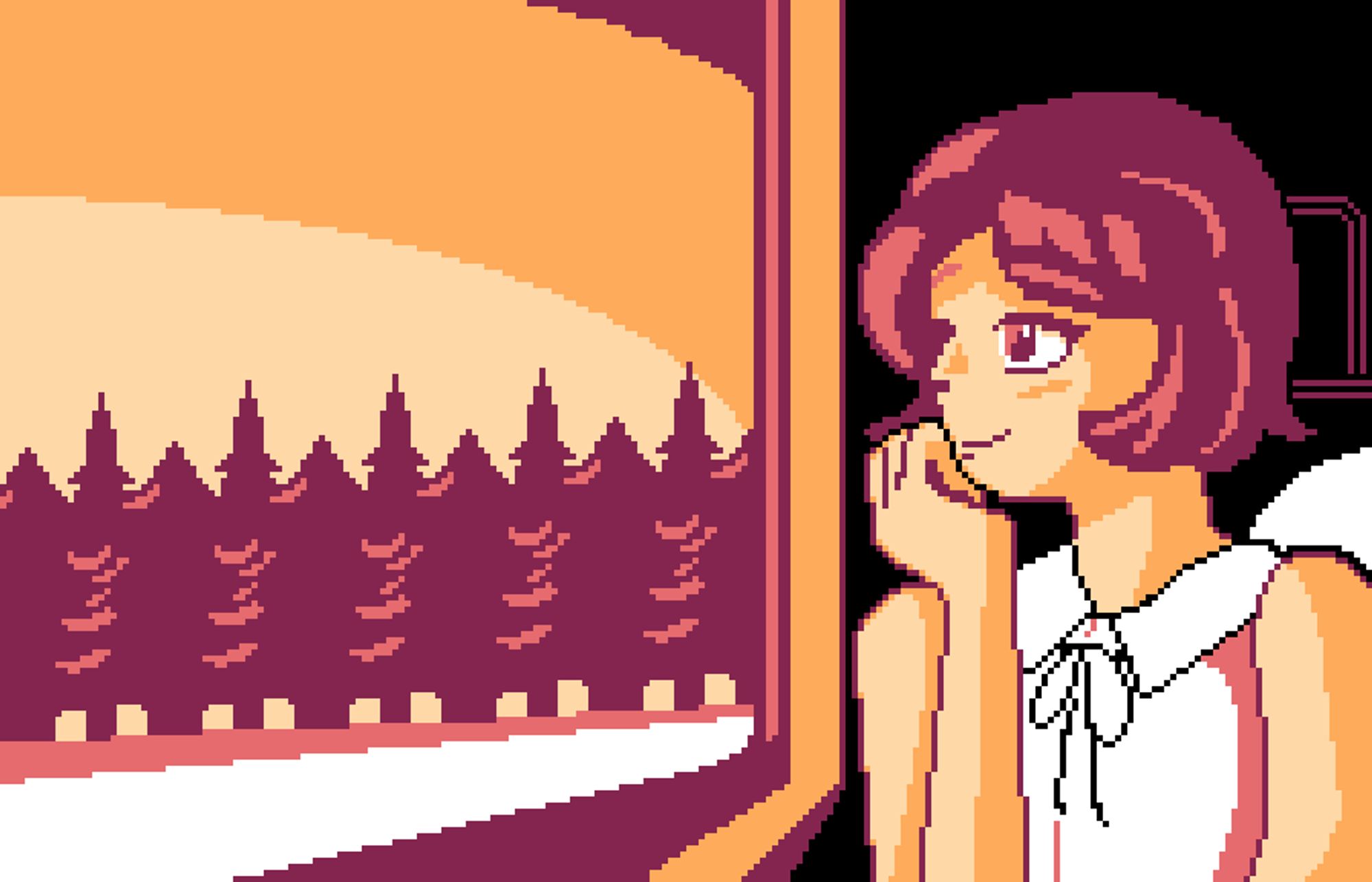 pixel gif of intern secretary eggbug. shows them sitting on a train and looking out a window while fir trees speed by.