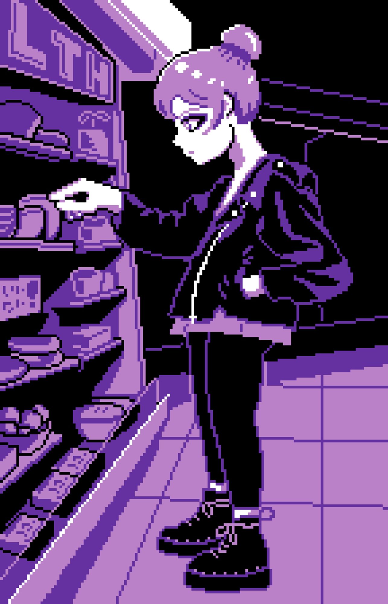 pixel art in four purples. shows a woman in a dress, leggings, and a leather jacket browsing the cooler of a grocery store, looking for a snack. she's wearing combat boots and has her light hair up in a bun.