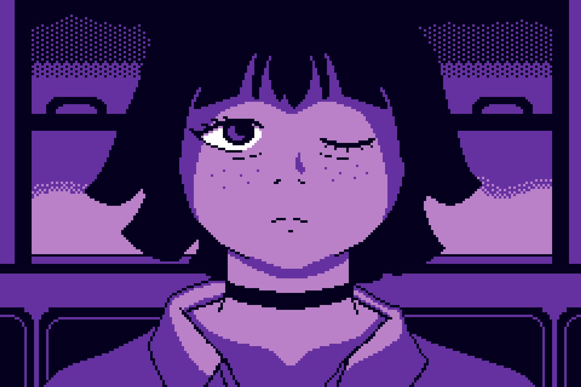 pixel art in four purples. shows a woman sleeping on a train. She has freckles and a bob of dark hair, and she's wearing a choker and button-down top.