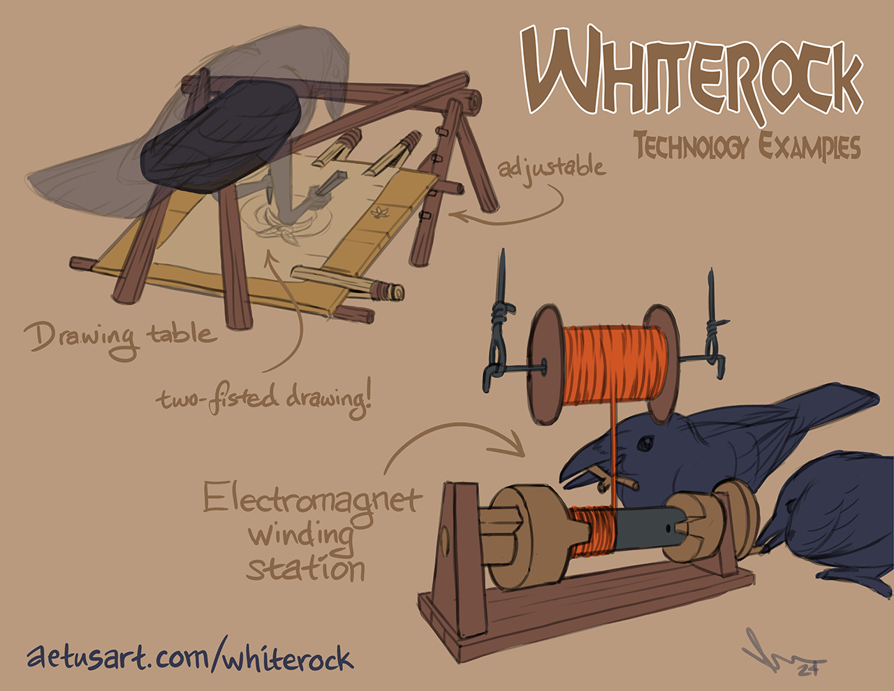 Two sketches of avian technology from Whiterock. One is a depiction of a raven resting on a saddle with a drawing table below it, allowing the bird to draw with both feet. Another sketch is two crows using a crank mechanism to wind a copper electromagnet.