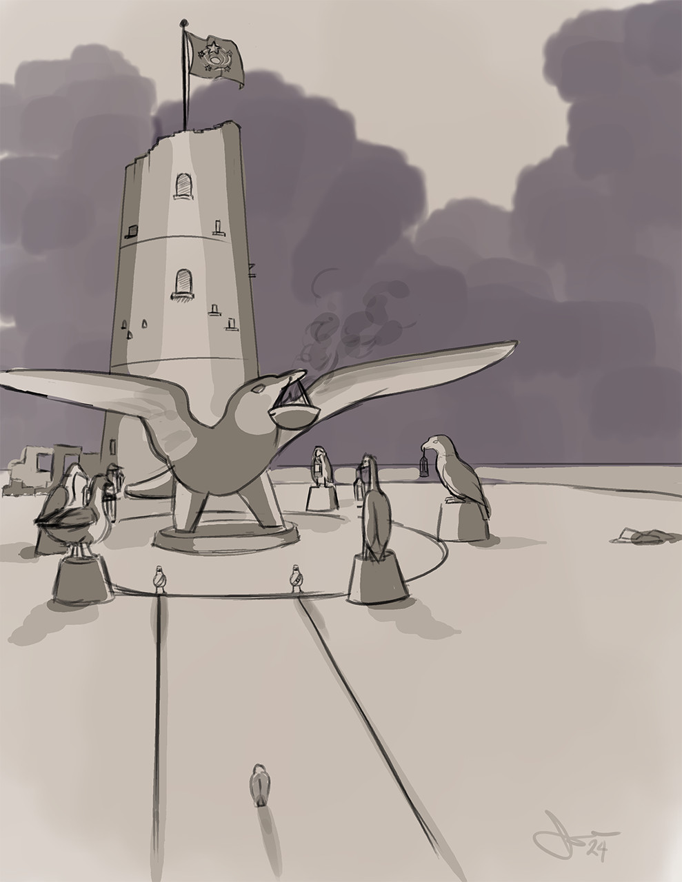 A sketch of an outdoor scene with a circular pavement in the foreground, ringed by statues of eight birds of different species holding lanterns and a larger statue of a seabird with outstretched wings in the center, holding a bowl of fire. In the background looms a broken-topped lighthouse with a flag at the top. There are two gulls standing at the statuary and an owl walking towards them. Cumulous clouds frame the background over a flat sea.