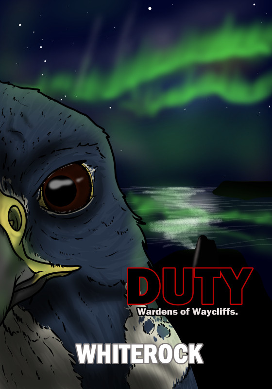 A drawing of half a peregrine falcon's face up close with a night sky and aurora in the background. The words say "Duty: Wardens of Waycliffs" and "Whiterock."