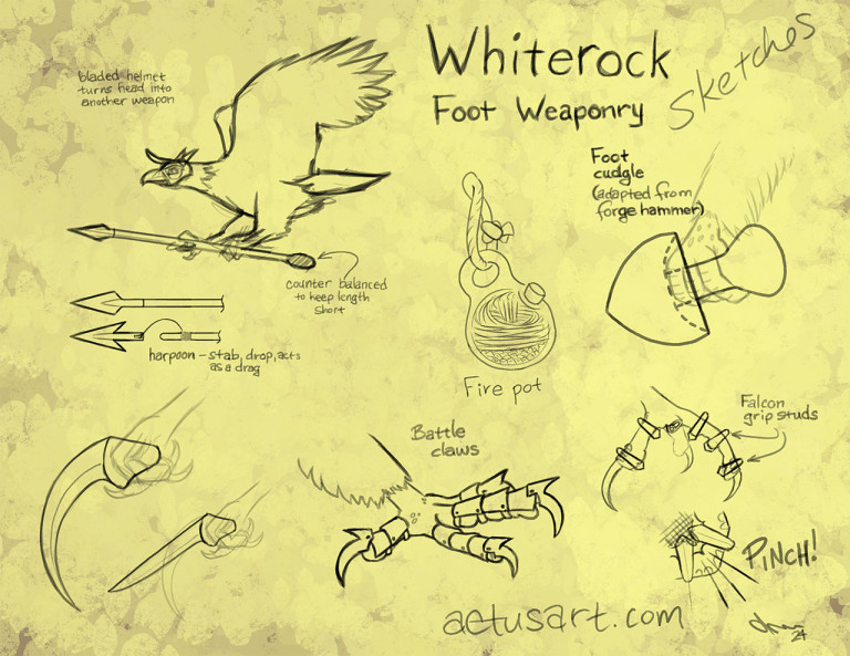 Sketches of various weapons that can be carried by birds in the Avian Age, including lances, harpoons, grip studs, short "hammers", blades, battle claws, and fire pots.