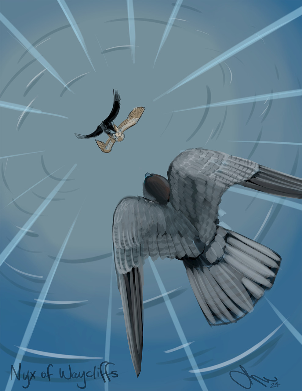 A chase plane POV of a peregrine falcon diving towards an owl and a raven struggling in midair over a lake.