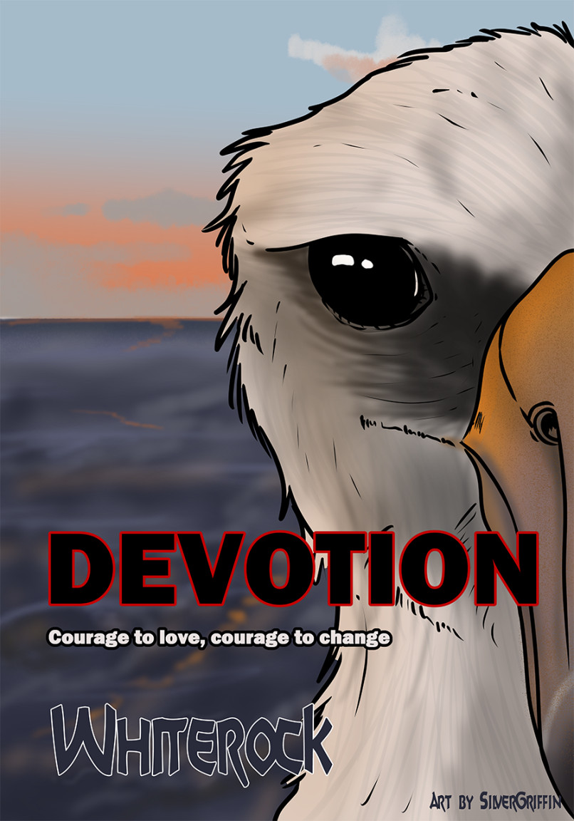 Art of an albatross' face with ocean behind, words say "Devotion, Courage to love, courage to change, Whiterock"