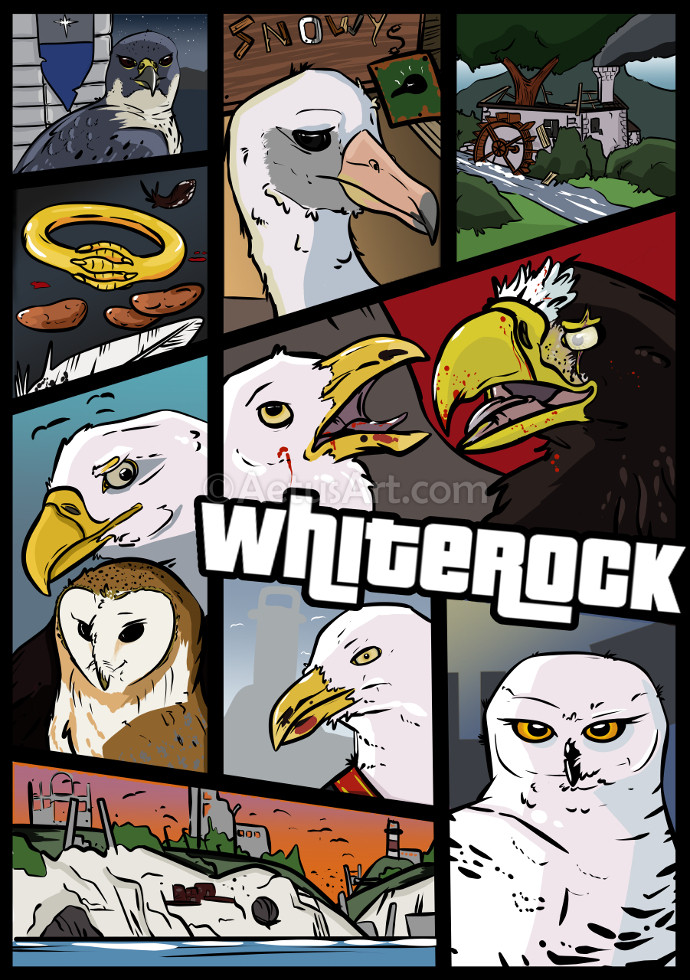 A GTA-style poster with various characters from Whiterock. Nyx, the peregrine falcon, Perry the albatross, a gold ring with clasping talons, Pepro the bald eagle with Sashya the barn owl, a depiction of a bloody fight between Brant the black-backed gull and Tuli a Steller's sea eagle, Snowy the snowy owl, a waterfront depiction of a crumbling city full of birds.