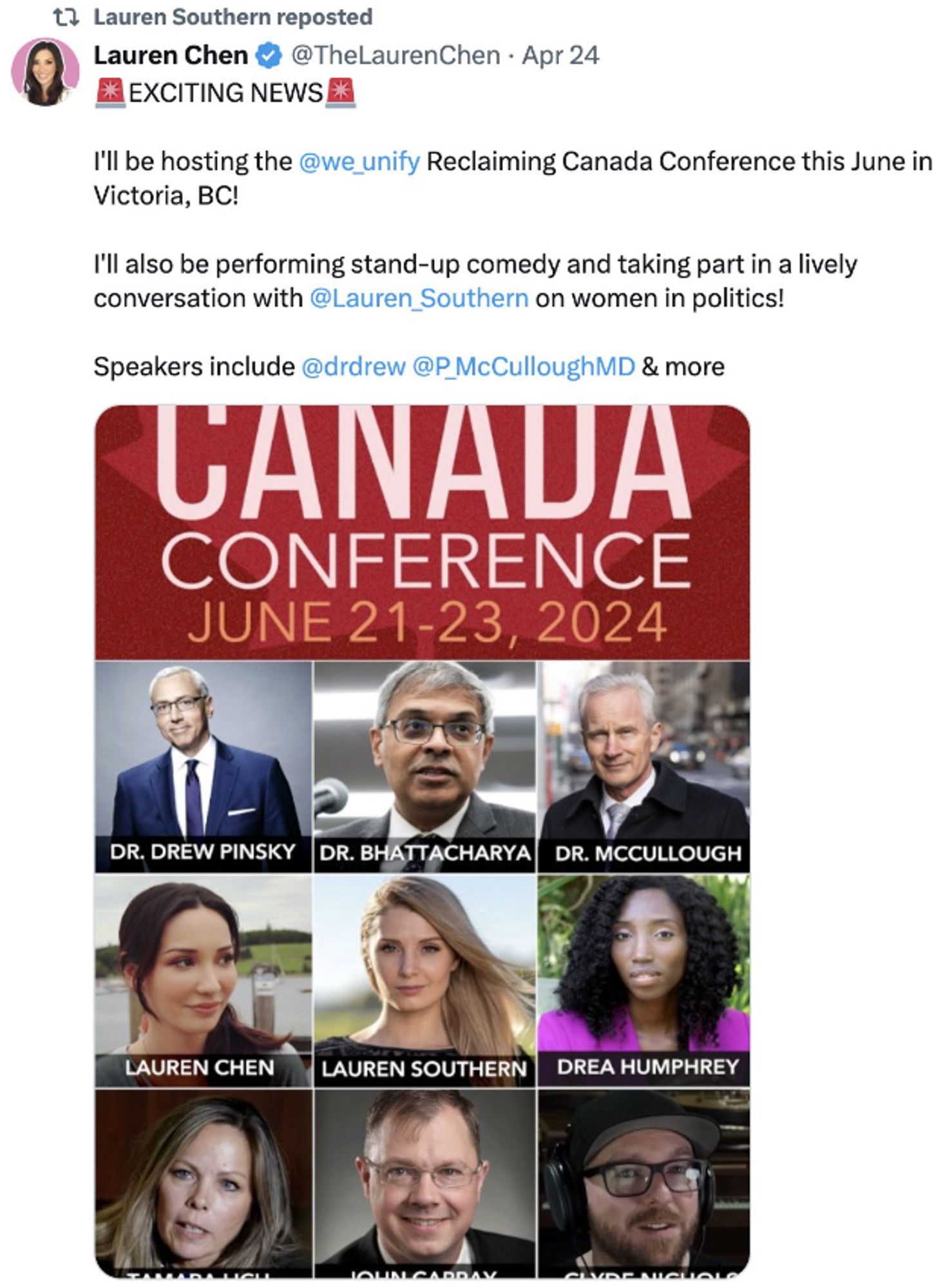 Lauren Southern reposted:
Lauren Chen: EXCITING NEWS
I'll be hosting the We Unify Reclaiming Canada Conference this June in Victoria, BC!
I'll also be performing stand-up comedy and taking part in a lively conversation with Lauren Southern on women in politics.
Speakers include Tamara Lich, Chris Barber, Artur Pawlowski, Eva Chipiuk. John Carpay, RebelNews etc