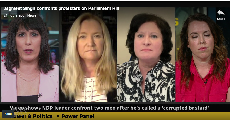 Screenshot of today's Power & Politics panel: Shachi Kurl from Angus Reid, Michele Cadario from Jenni Byrne & Assoc., fmr Lib/NDP MP Francoise Boivin, and Kate Harrison from AbacusData/Summa Strategies.