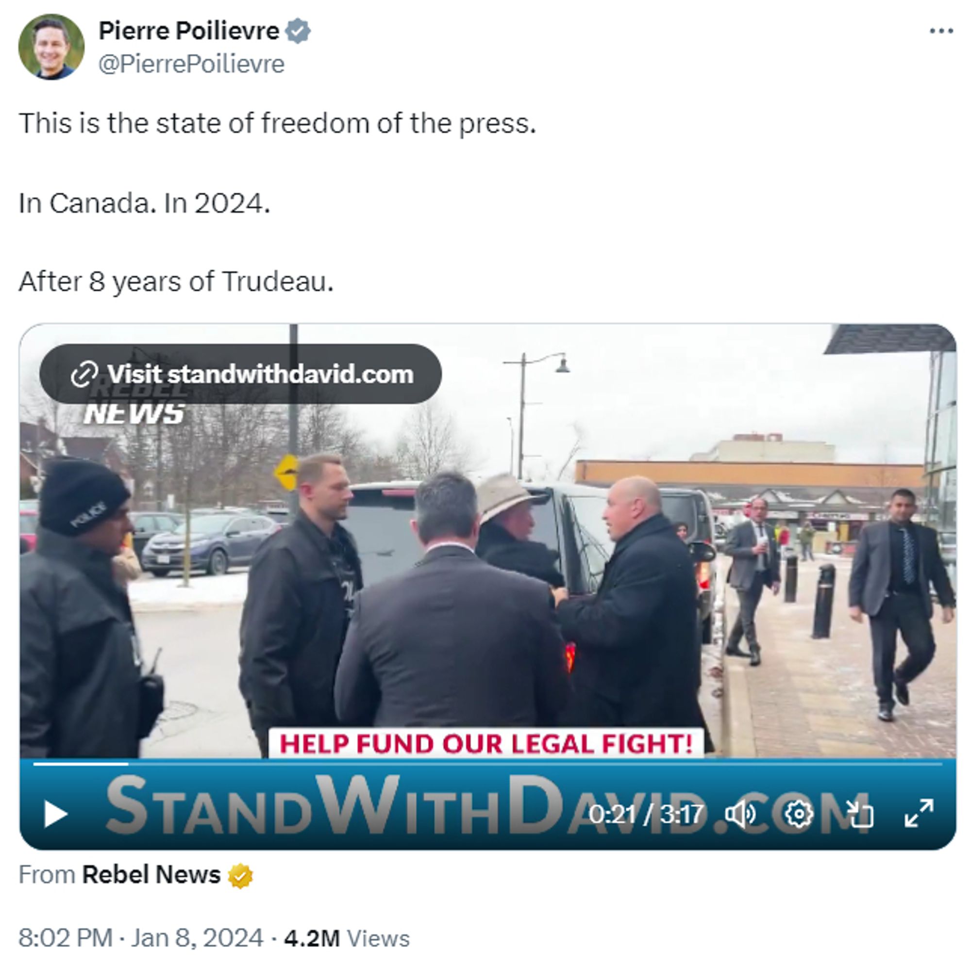 Pierre Poilievre embeds RebelNews fundraising stunt video in his own twitter account on Jan 8, 2024. 
The video show David Menzies being arrested by police for aggressively accosting to Chrystia Freeland & her security detail on the sidewalk. Getting arrested & fundraising on it is pretty much Menzies' whole schtick.
Tagline: "HELP OUR LEGAL FIGHT. STAND WITH DAVID."