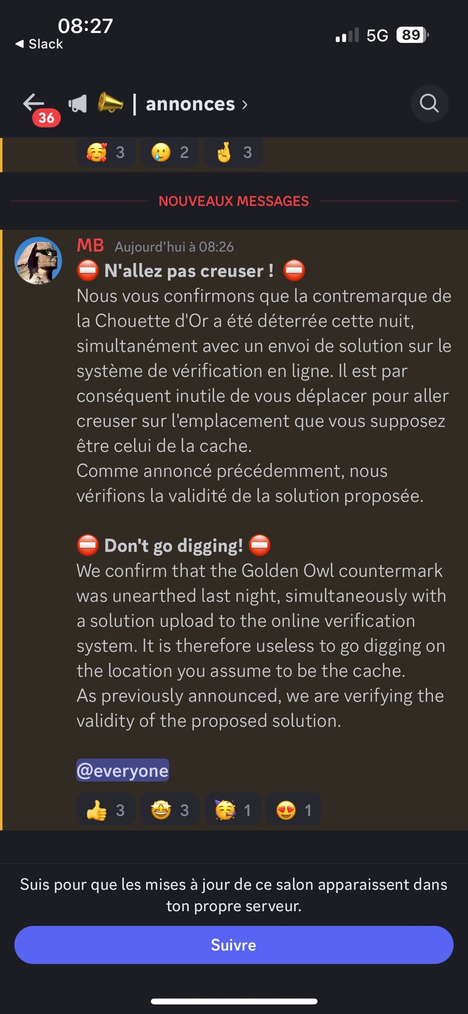 Capture d’écran d’un message Discord annonçant que la contremarque de la Chouette d’Or aurait été découverte.