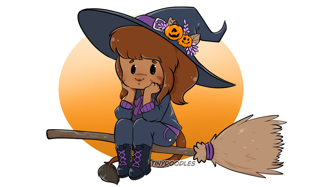 A Your Character Here image. A girl is dressed in black and purple clothes and they have a lion-type tail. They have boots on with purple laces. They're sitting on a broom! Text around the image is in purple and reads "Free YCH!", "Just post your OC!!", and "Humans, furries OK!". There is an orange circle for the background.