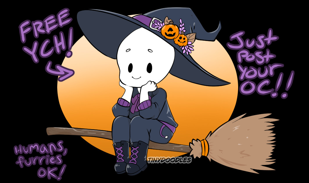 A Your Character Here image. A mannequin body is dressed in black and purple clothes. They have boots on with purple laces. They're sitting on a broom! Text around the image is in purple and reads "Free YCH!", "Just post your OC!!", and "Humans, furries OK!". There is an orange circle for the background.