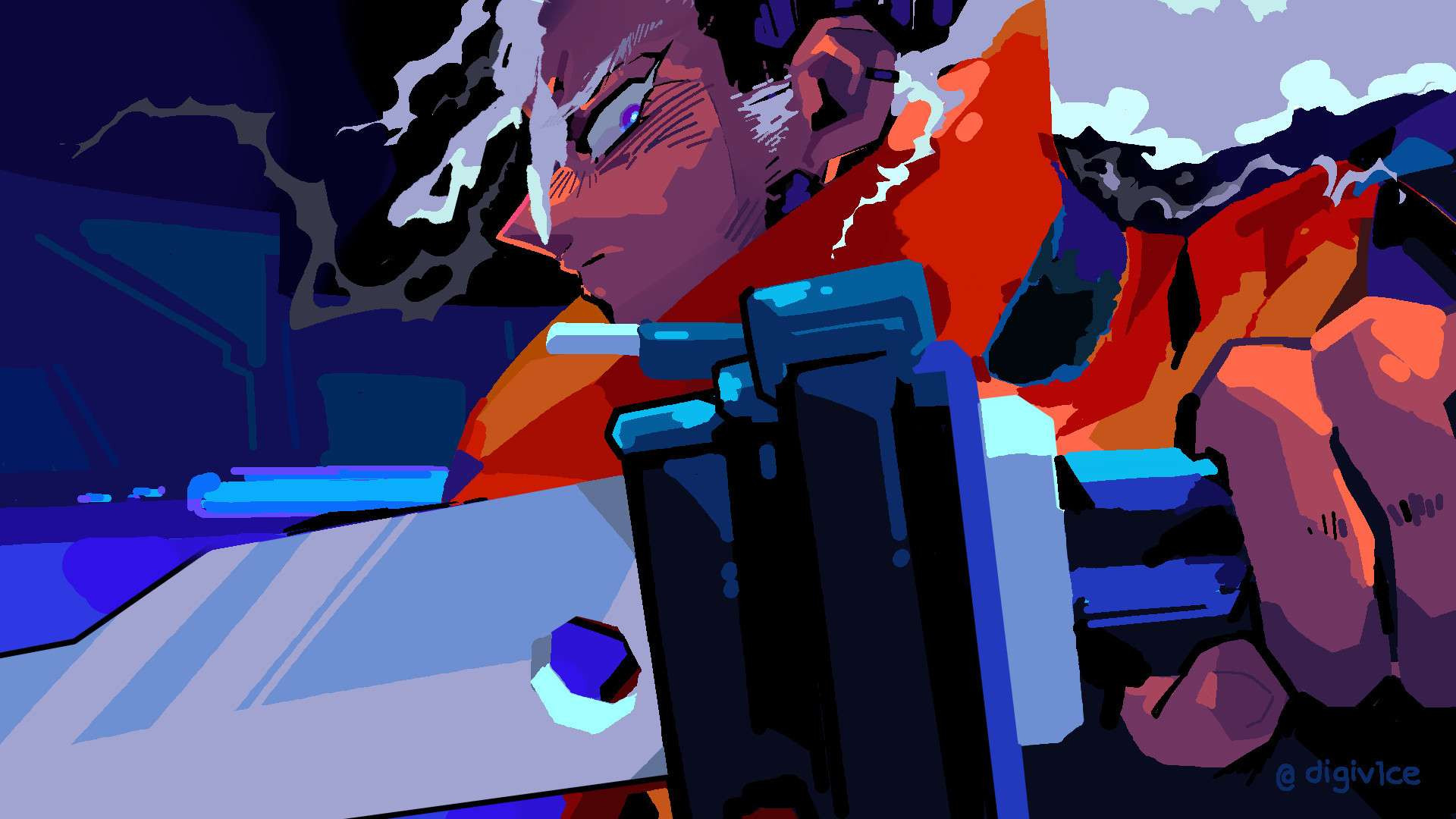 Screenshot redraw of the Stranger/Rider from the game Furi
He holds and look at his sword, ready to strike