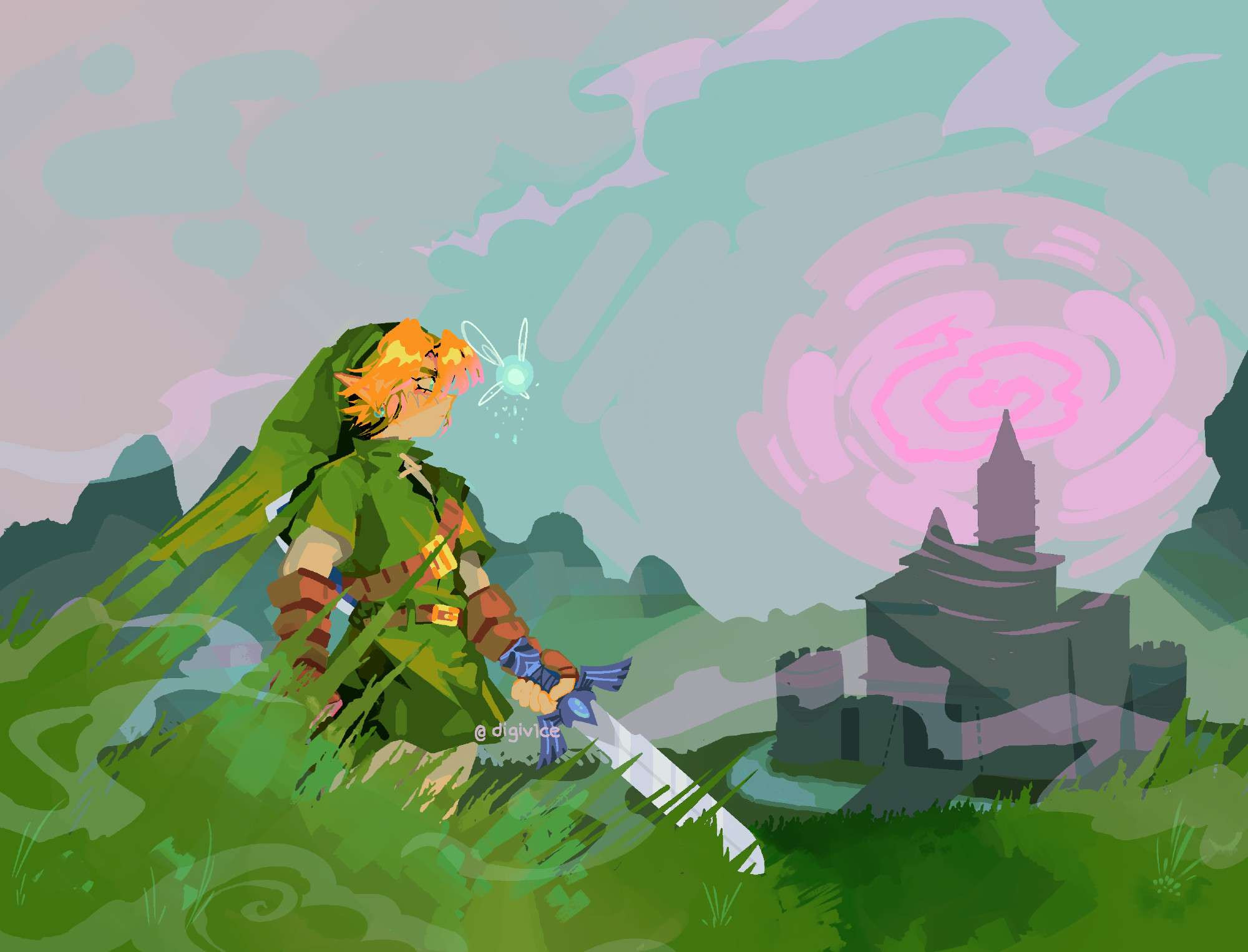 Illustration of Link from Ocarina of Time
Link is standing in front of the Hyrule Castle gleaming with Ganondorf's evil, his sword is drawn and he has a serious expression
Navi flies around him as they prepare for the battle