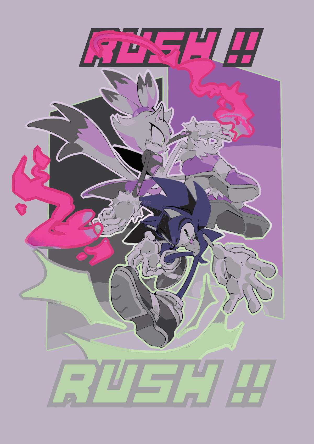 Art of Sonic the hedgehog and Blaze the cat from Sonic Rush
They're both in a jumping motion
Sonic has wind like effect around his shoes and a happy expression while Blaze who's slightly behind him as flames around her fingers and a more serious expression
Text says "RUSH!! RUSH!!"