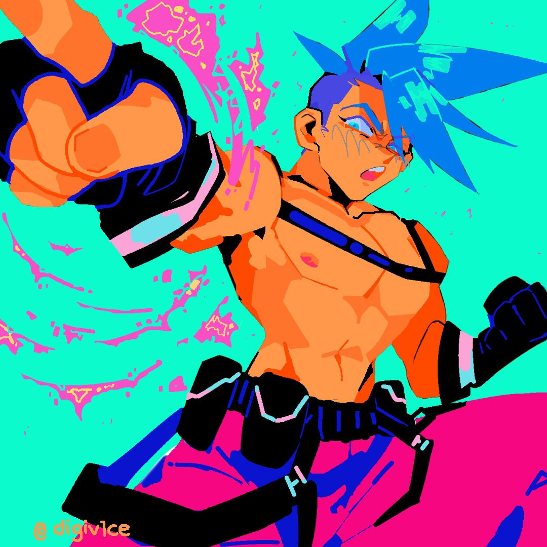 Art of Galo Thymos from Promare
He's standing and pointing at something from his right hand, flames dissipating around his arm