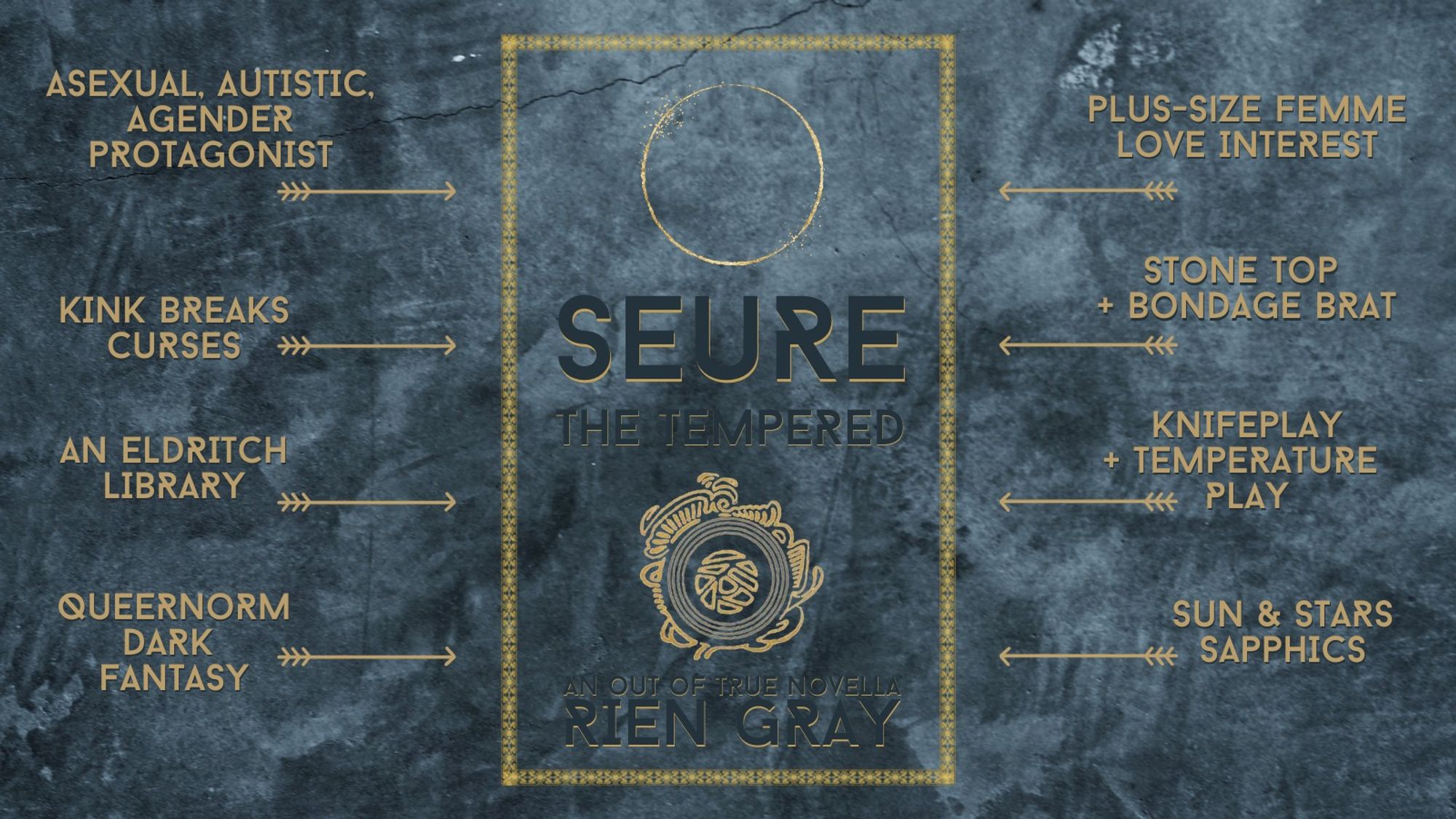 The cover of Seure the Tempered by Rien Gray against a blue marble background and surrounded by a gold border, with gold trope arrows on each side of the cover.