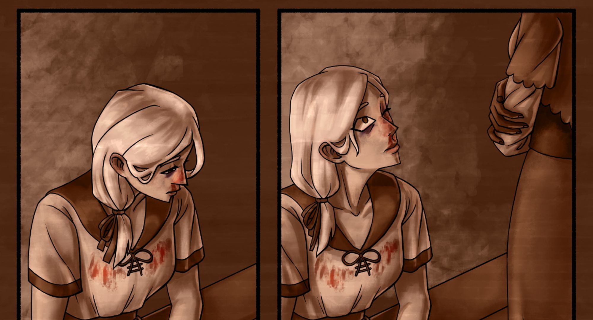 A sample of two panels from chapter 4, page 8 of The Magical Freelancer's Guild. The panels are sepia-toned, representing a flashback. A young Lana, looking like she's been in a fight, looks up as a mysterious figure approaches her.