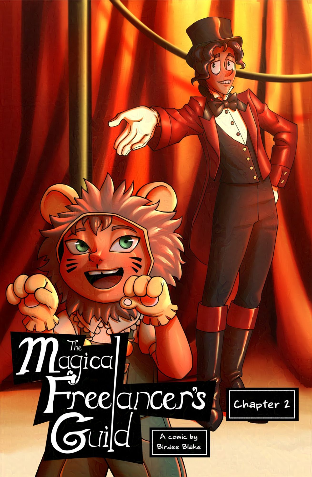 Chapter 2's cover of The Magical Freelancer's Guild, featuring Monty dressed as a circus ringleader and his daughter, Ayla, dressed as an adorable little lion.