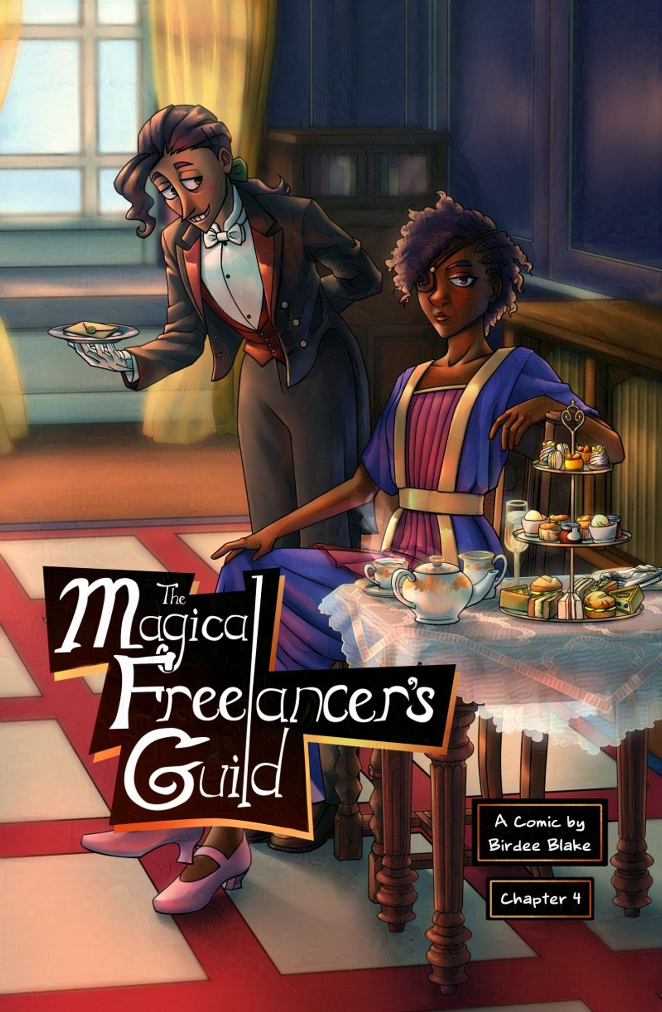 Chapter 4's cover of The Magical Freelancer's Guild. It features the main character, Monty, apparently working as a butler for a dark-skinned woman in a blue dress. Beside her is a table with a three-tiered serving stand loaded with tiny snacks, and a teapot.