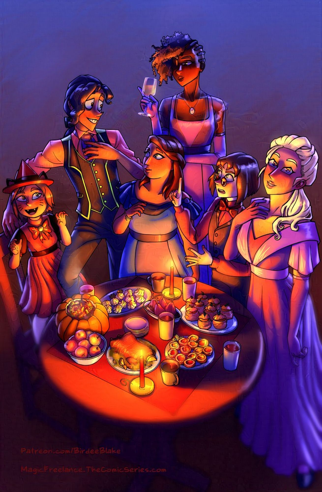 A digital painting of a group of people dressed in Edwardian-inspired fantasy party clothes. They are standing around a table laden with various Autumn foods. Both the characters and the feast are lit by the glow of two red candles on the table.