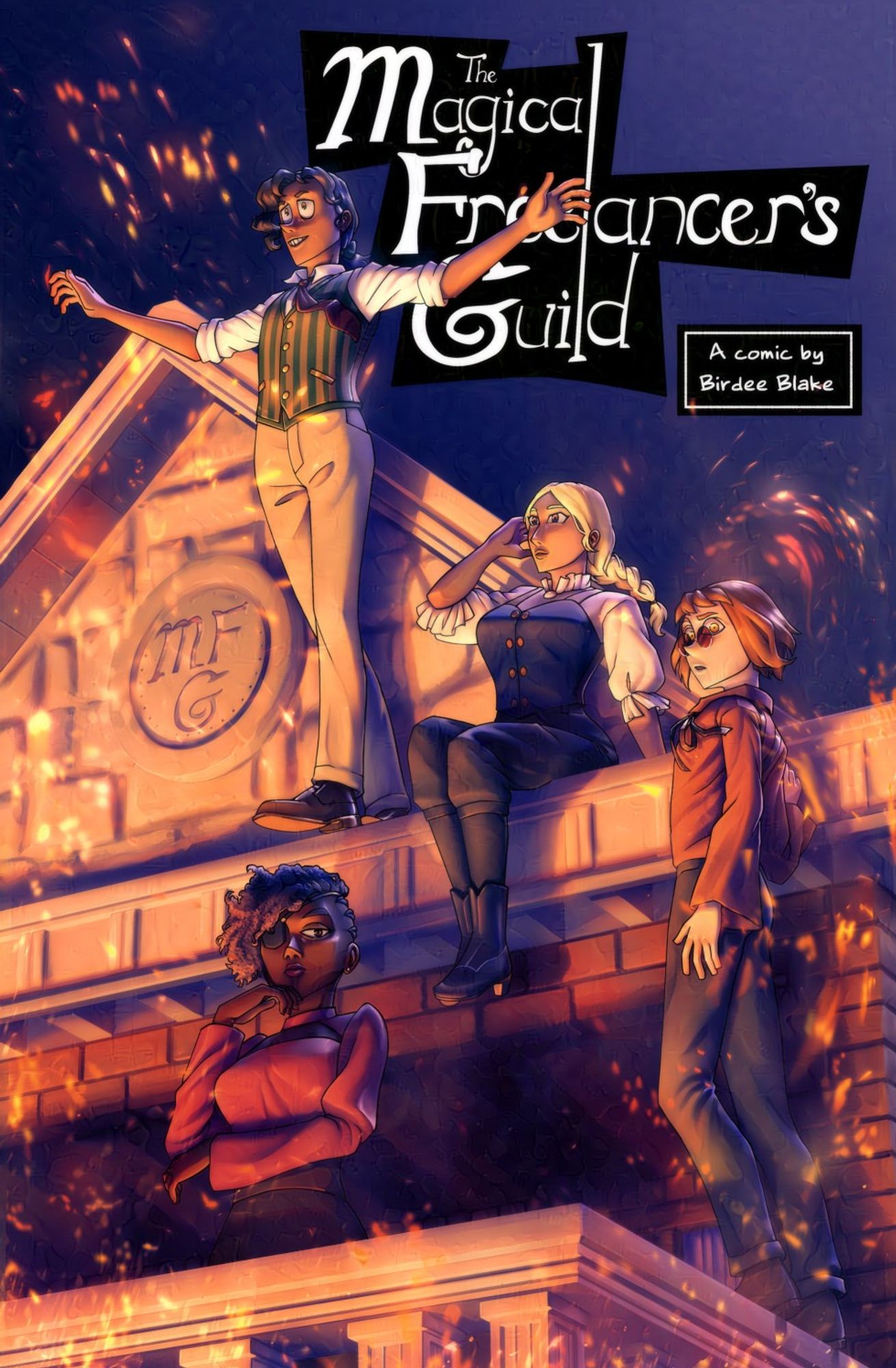 The 2023 main cover of The Magical Freelancer's Guild. The main cast of Monty, Luca, Lana and Zendaya stand on the stone balcony of their guild hall, looking down at what appears to be a fire below. Lana, Monty and Zen all look somewhat relaxed, while Luca looks startled.