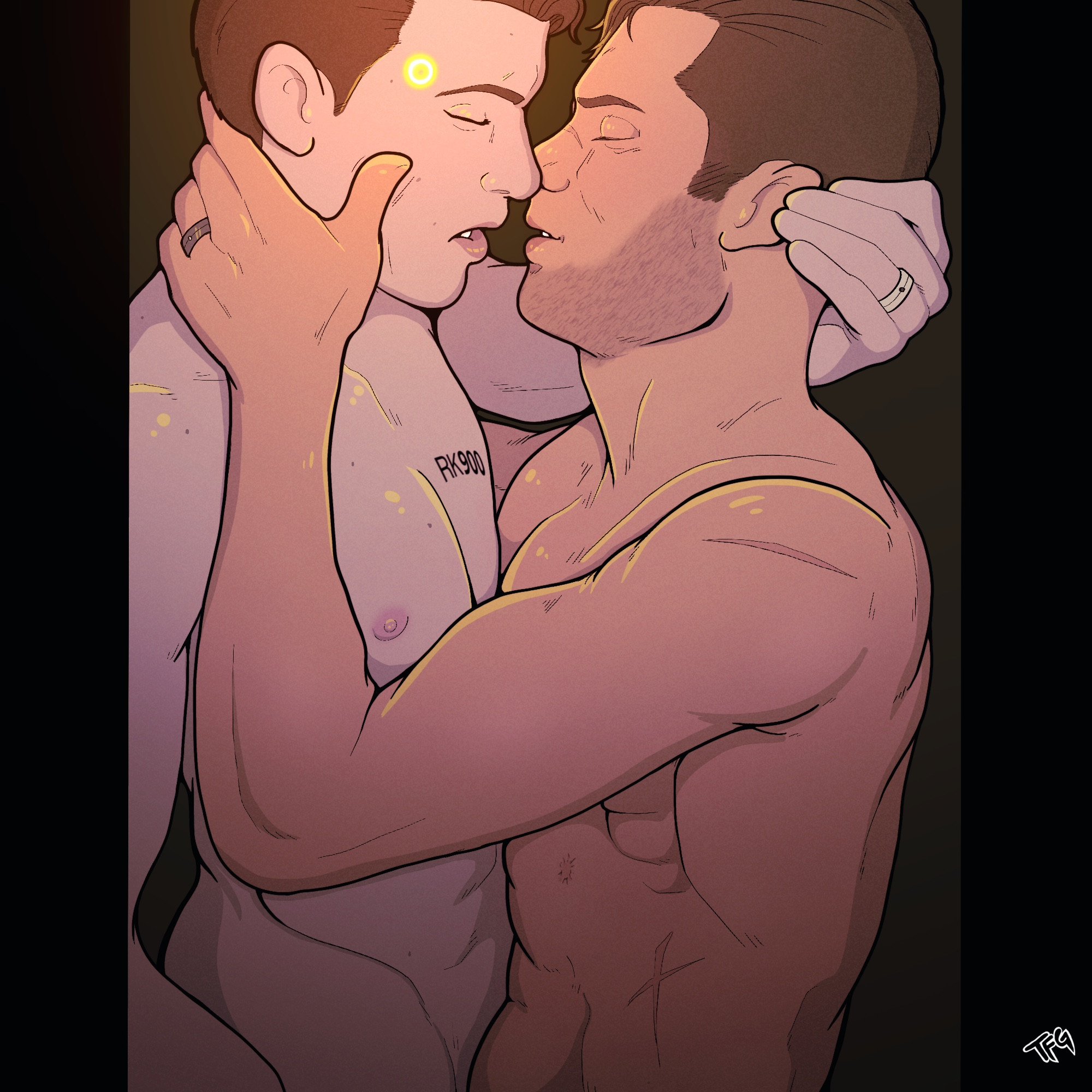 Gavin and rk900 about to kiss passionately as a yellow light envelopes them