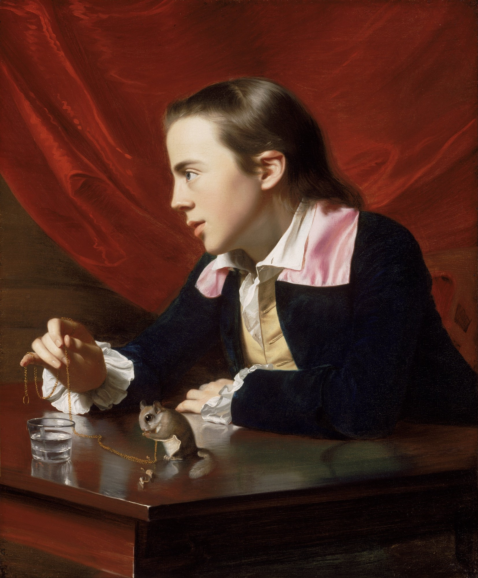 "Henry Pelham (Boy with a Squirrel)" a 1765 painting by John Singleton Copley. The little squirrel is clearly visible on the end of a thin gold chain and the boy is paying little attention to it.