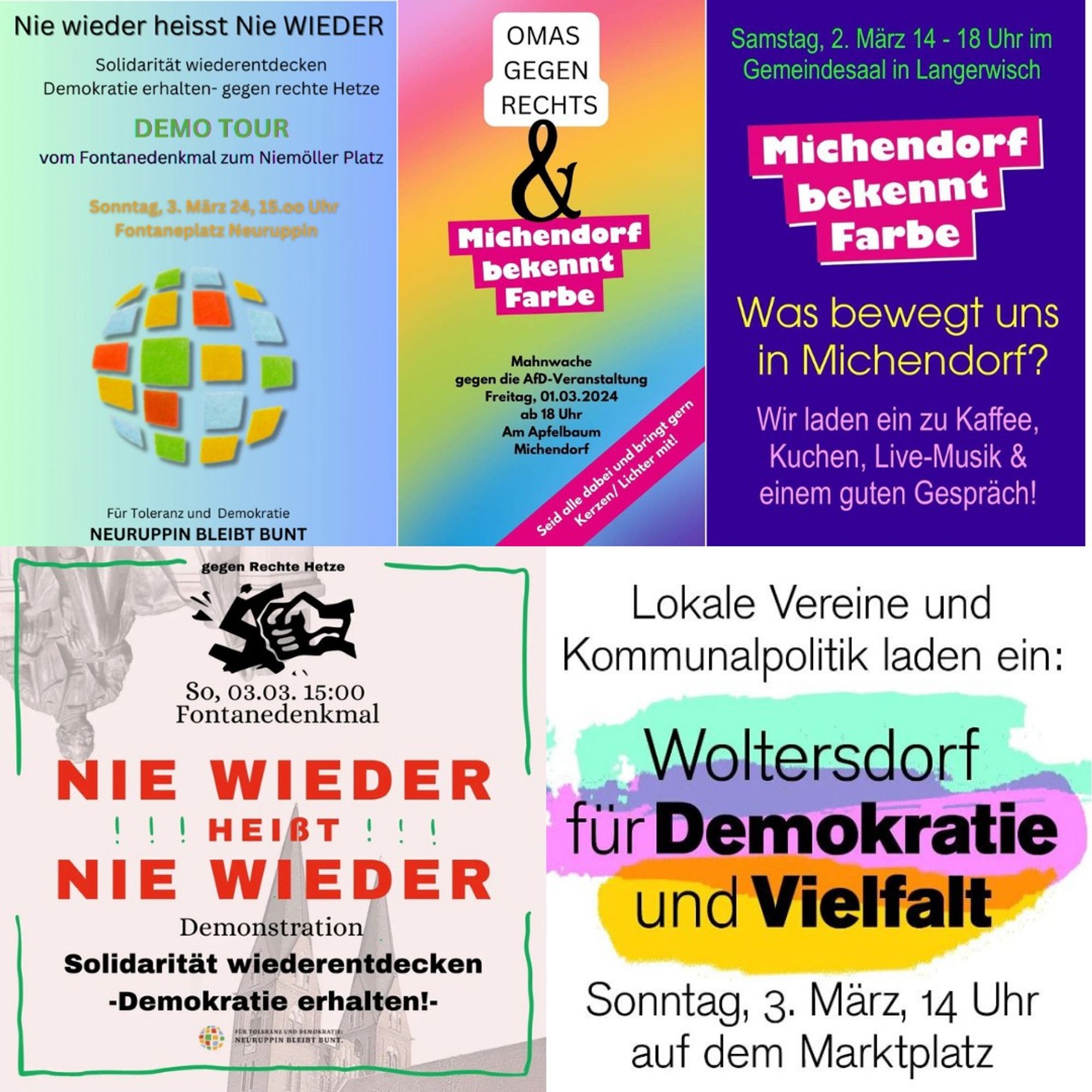 Grafiken zur Einladung zu den Protesten in Michendorf am Freitag und Neuruppin und Woltersdorf am Sonntag.