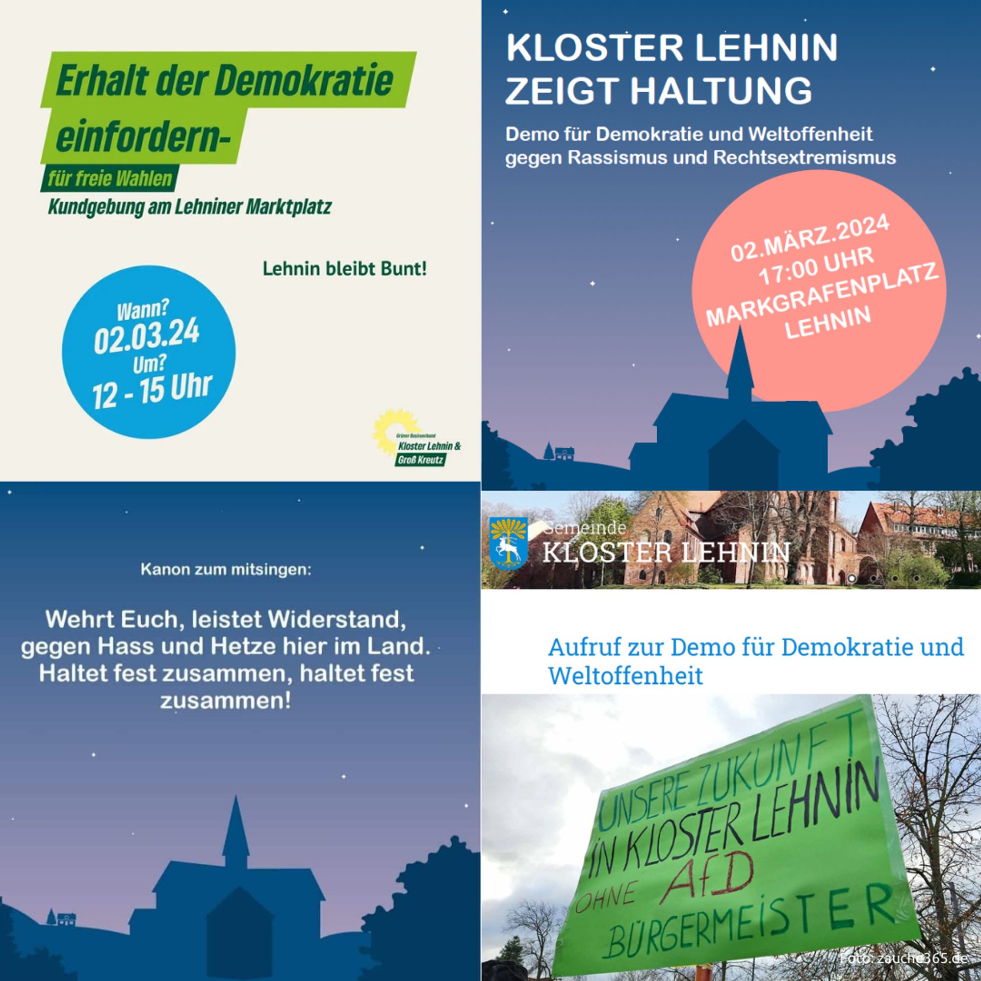 Grafiken zur Einladung zur Kundgebung "Lehnin bleibt bunt!" und zur anschließenden Demo: "Kloster Lehnin zeigt Haltung" am Samstag.