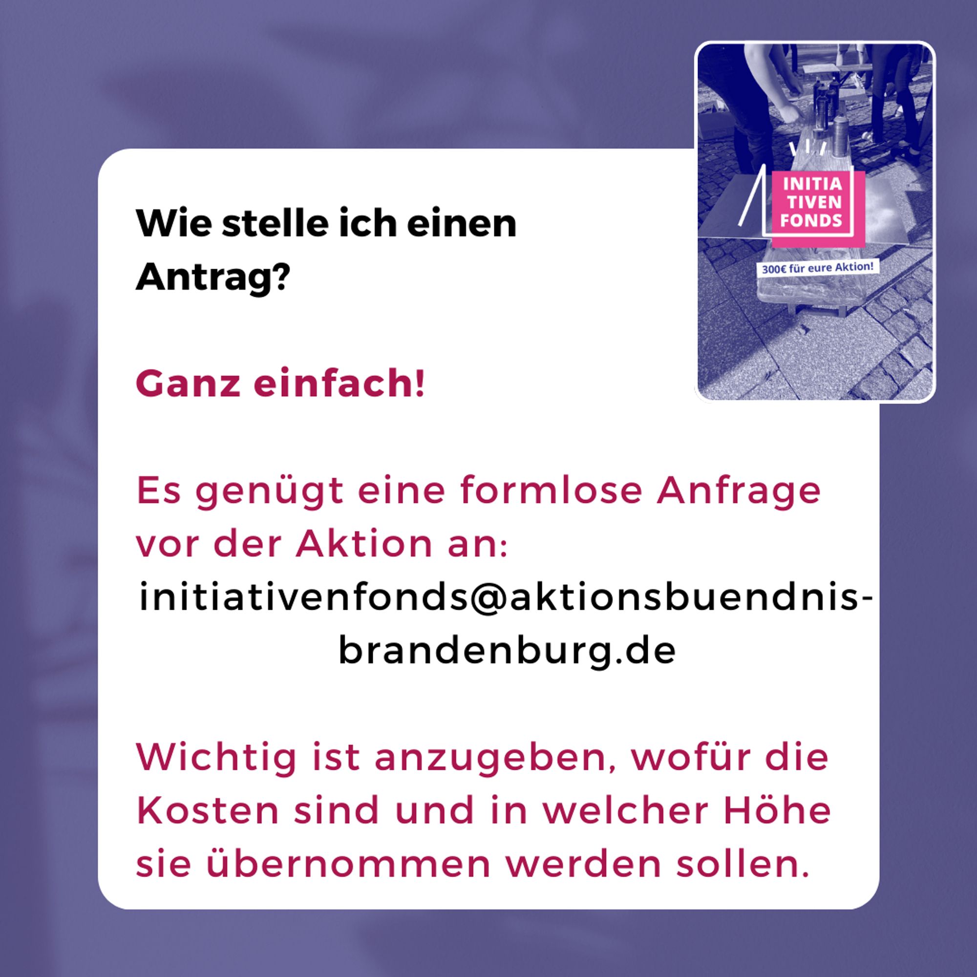 Wie stelle ich einen 
Antrag?

Ganz einfach!

Es genügt eine formlose Anfrage vor der Aktion an:
initiativenfonds@aktionsbuendnis-brandenburg.de 
Wichtig ist anzugeben, wofür die Kosten sind und in welcher Höhe sie übernommen werden sollen.